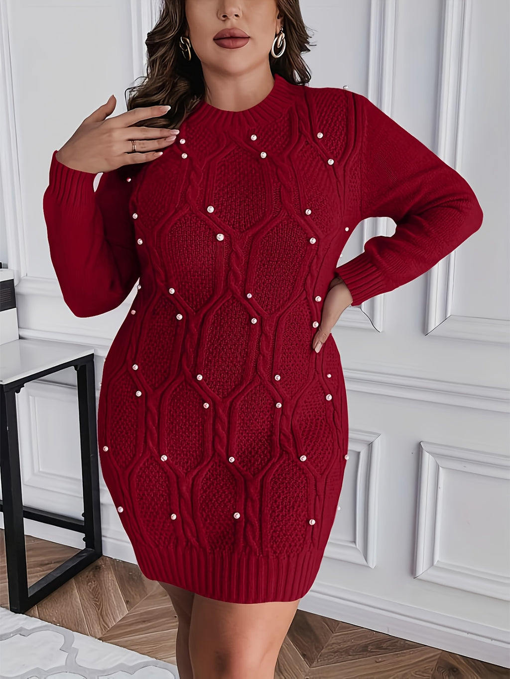 Women's Plus Size Burgundy Pearl-Adorned Oversized Sweater Dress Christmas Party New Year