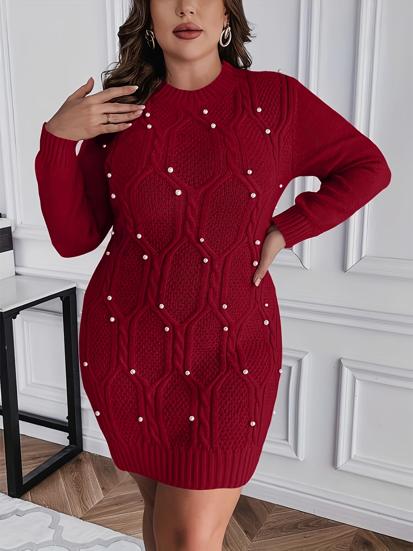 Women's Plus Size Burgundy Pearl-Adorned Oversized Sweater Dress Christmas Party New Year