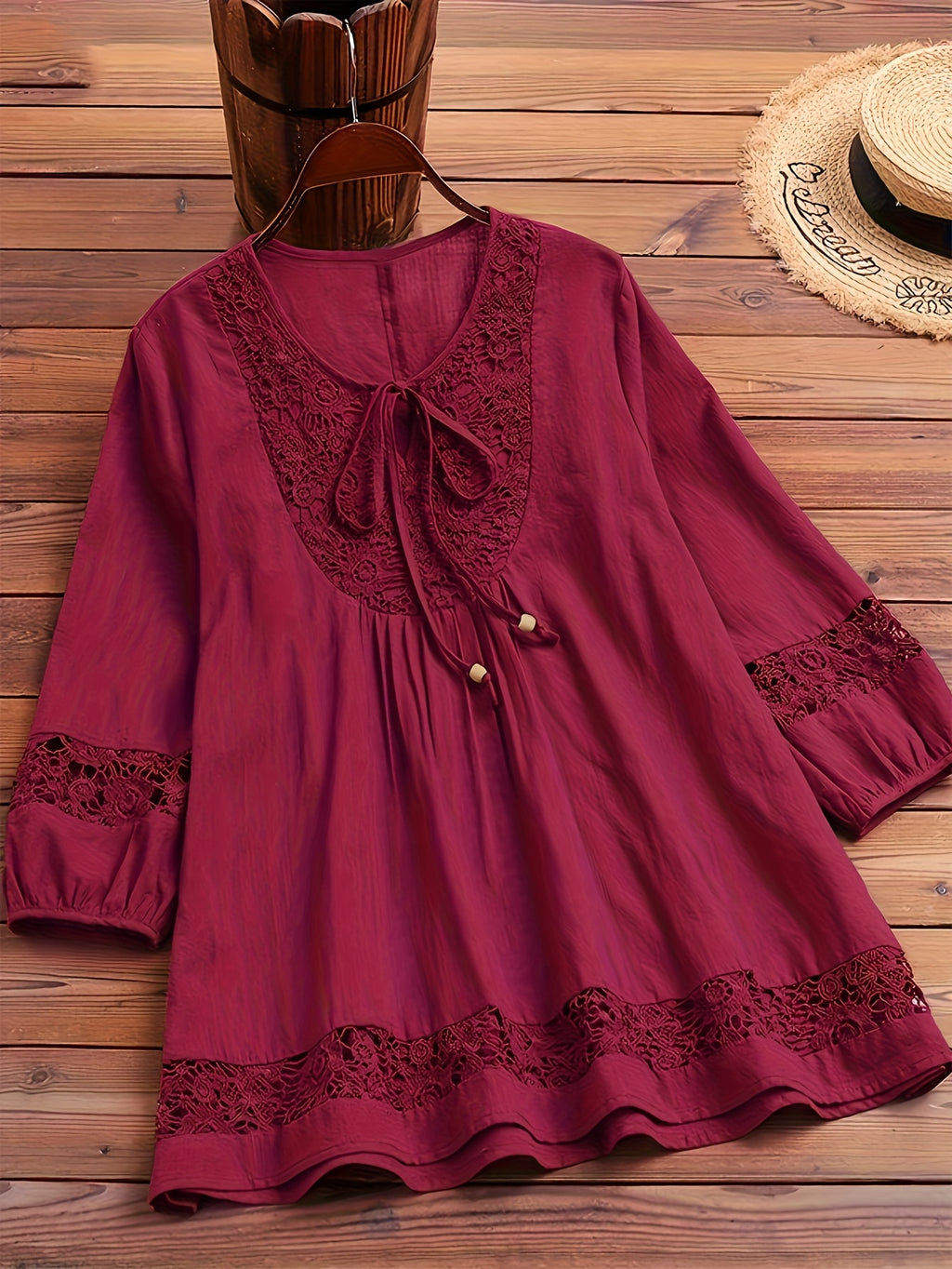 Women's Burgundy Lace Trim Blouse - Non-See-Through Semi-formal Shirt with Tie-like Bow