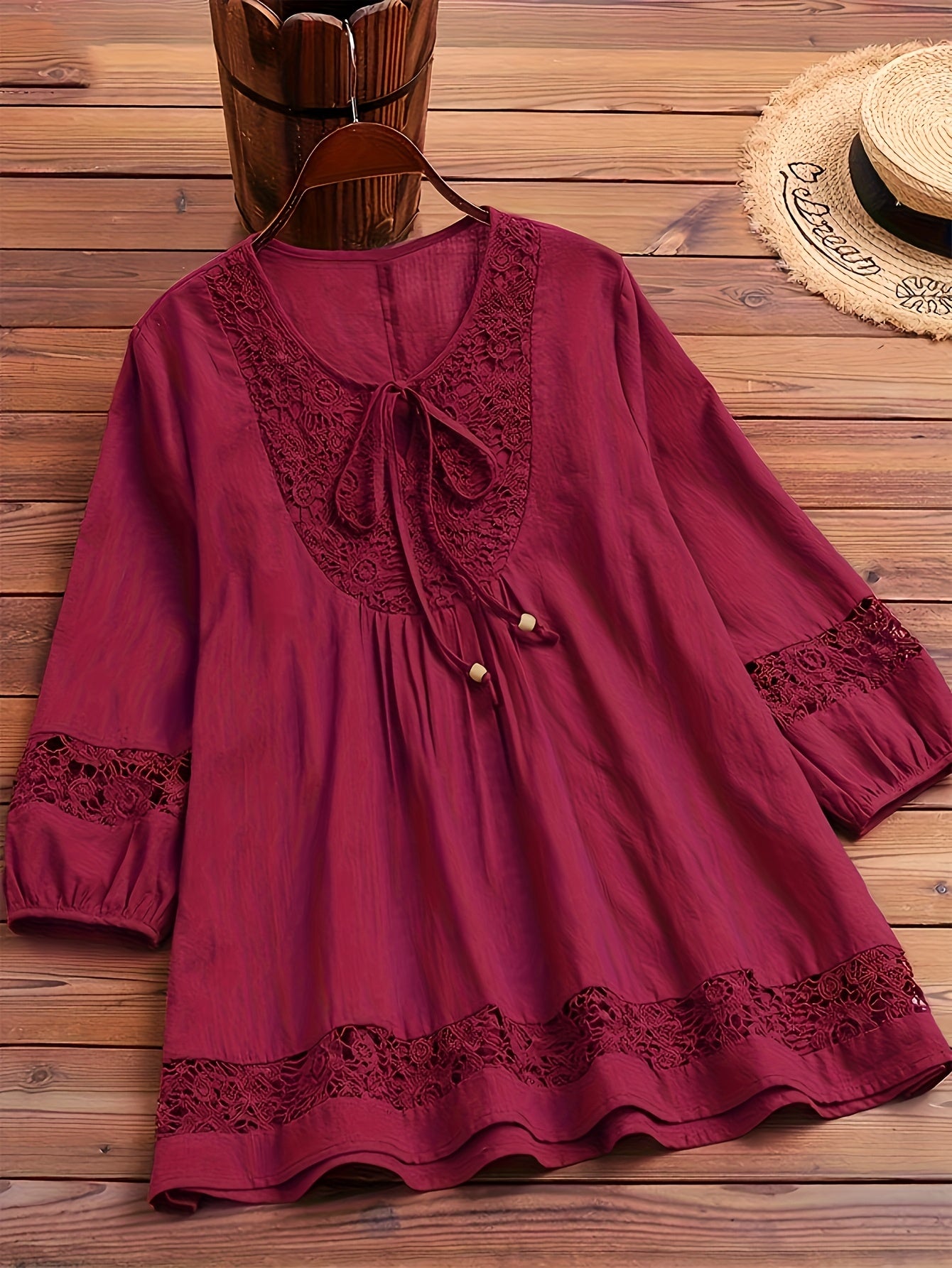 Women's Burgundy Lace Trim Blouse - Non-See-Through Semi-formal Shirt with Tie-like Bow