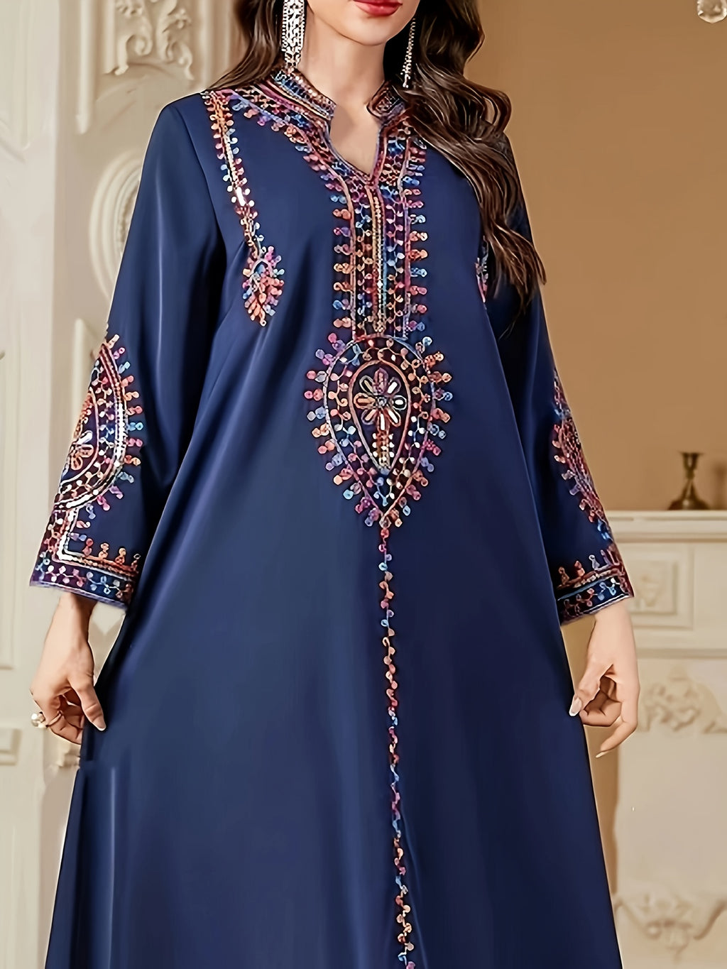 Elegant Middle Eastern-Style Long Dress with Intricate Designs