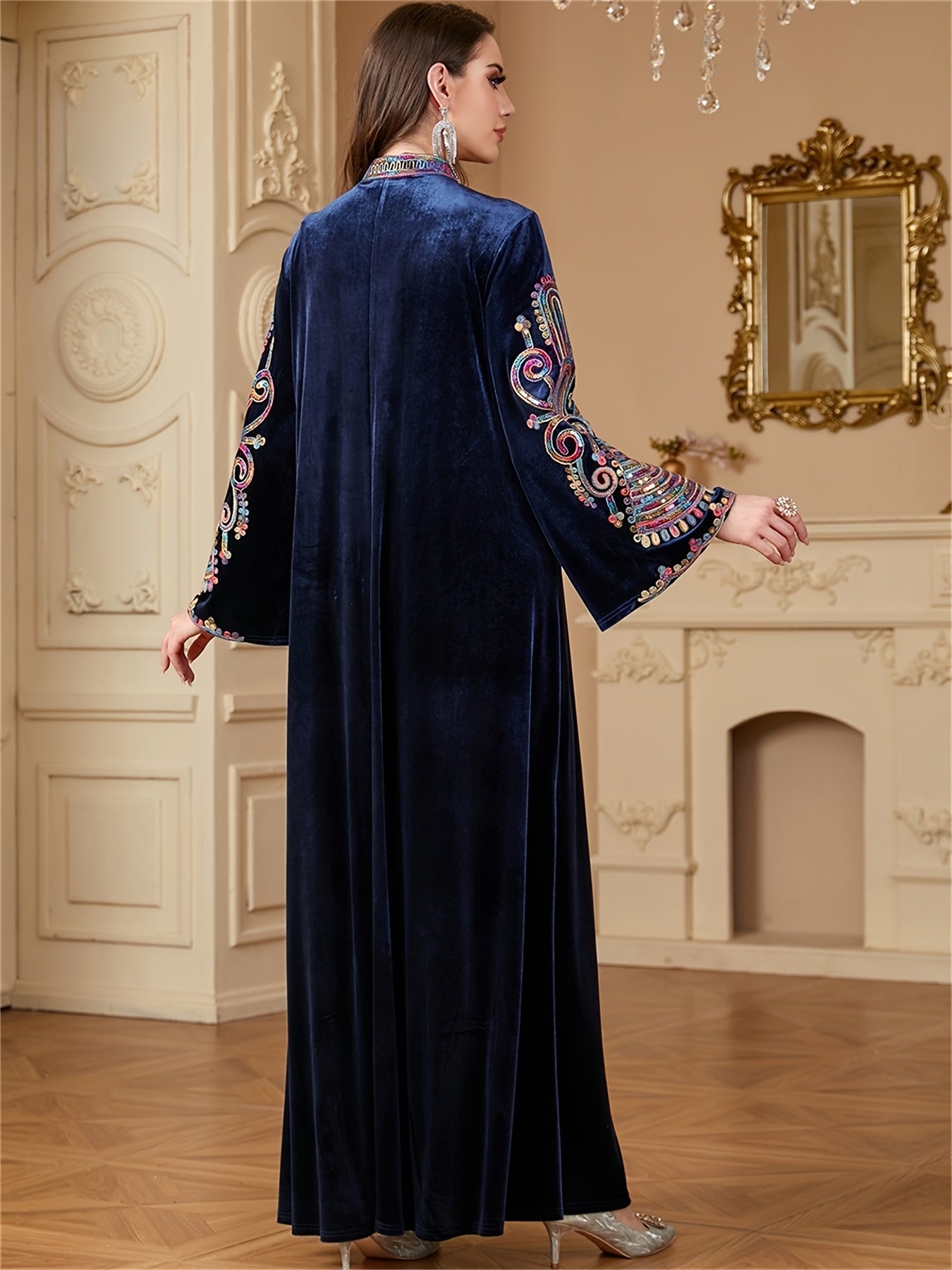 Women's Golden Velvet Abaya Kaftan - Floral Embroidery with Sequins, Long Sleeve Modest Dress