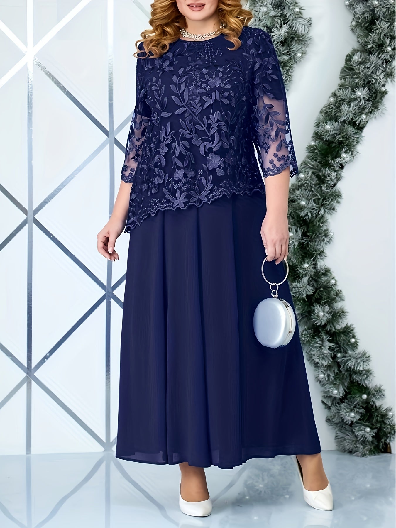 Plus Size Elegant Embroidered Lace Midi Dress for Women - Sleeveless, Chiffon Fabric, Crew Neck, Ball Gown Skirt, Summer Wedding Party