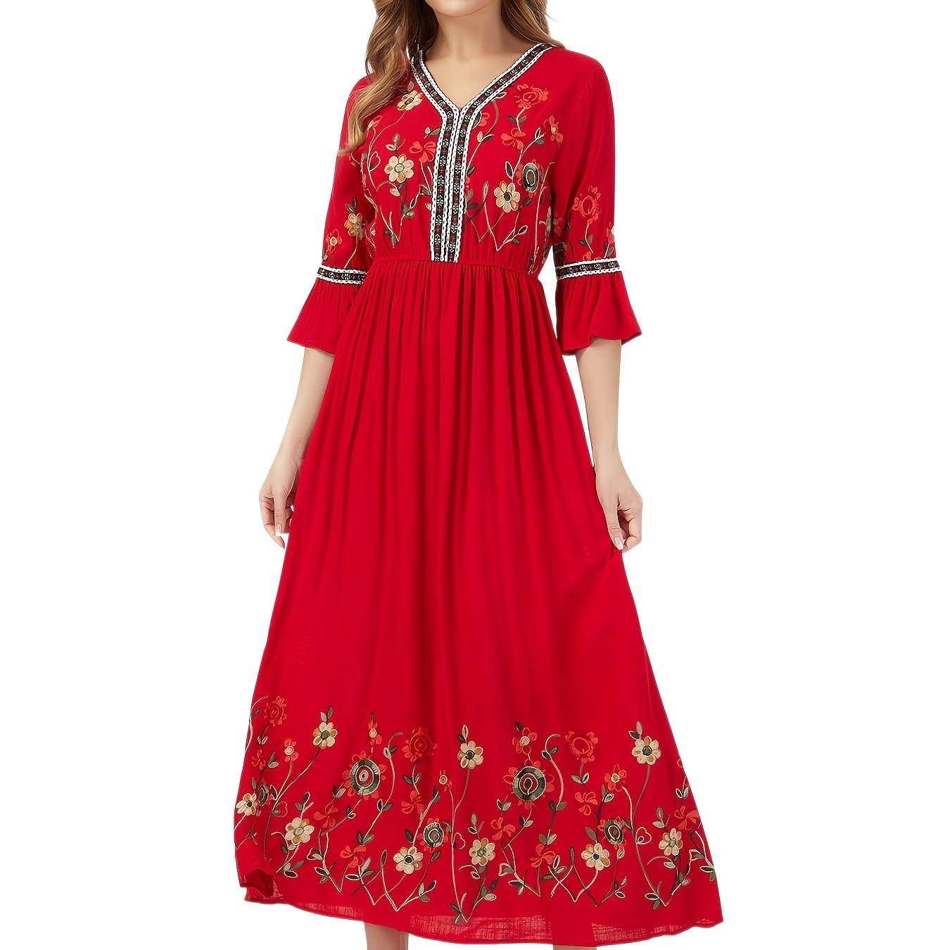 Elegant Green Embroidered Maxi Dress with V-Neck and Ruffle Sleeves