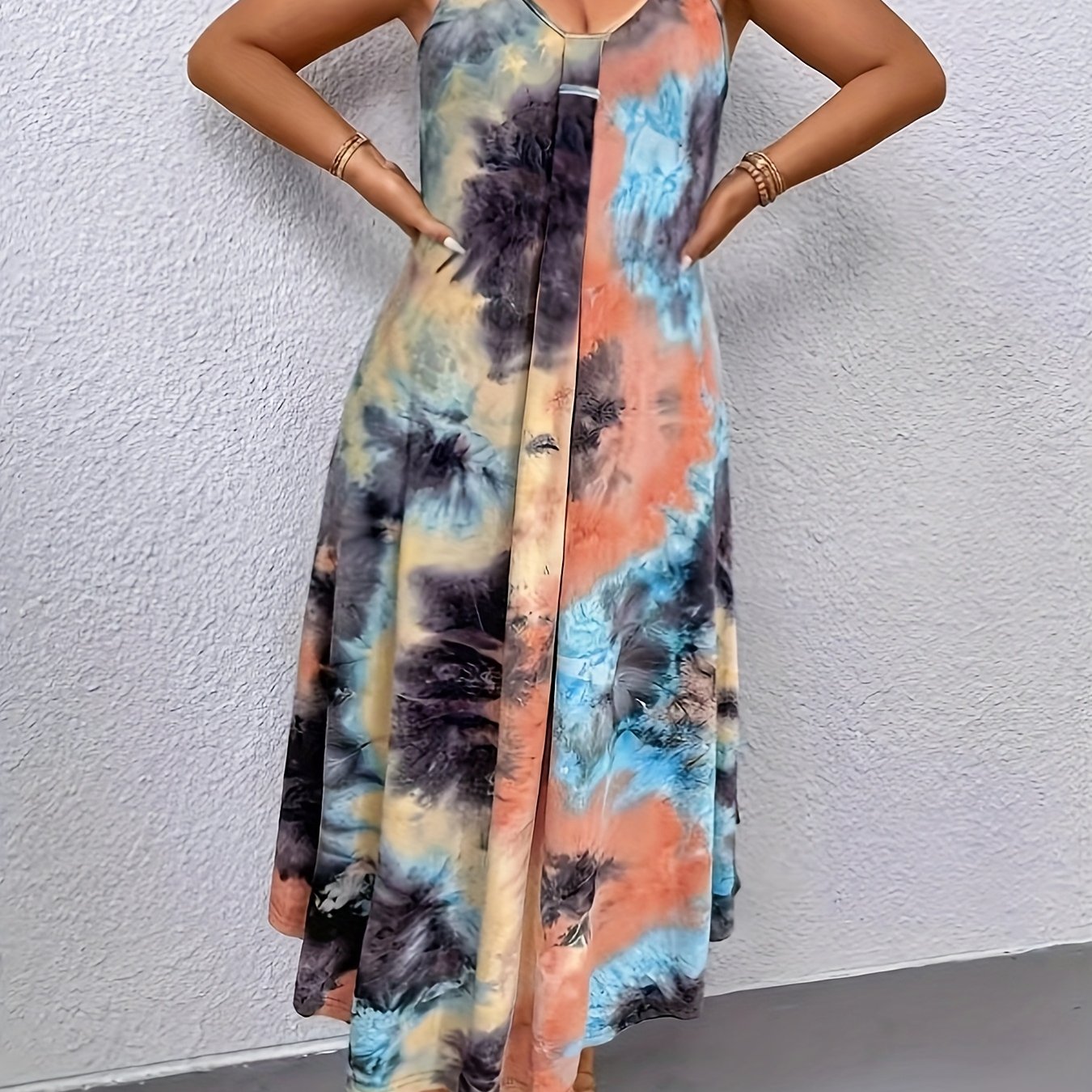 European and American trendy plus-size Women's tie-dye dress with halter neck