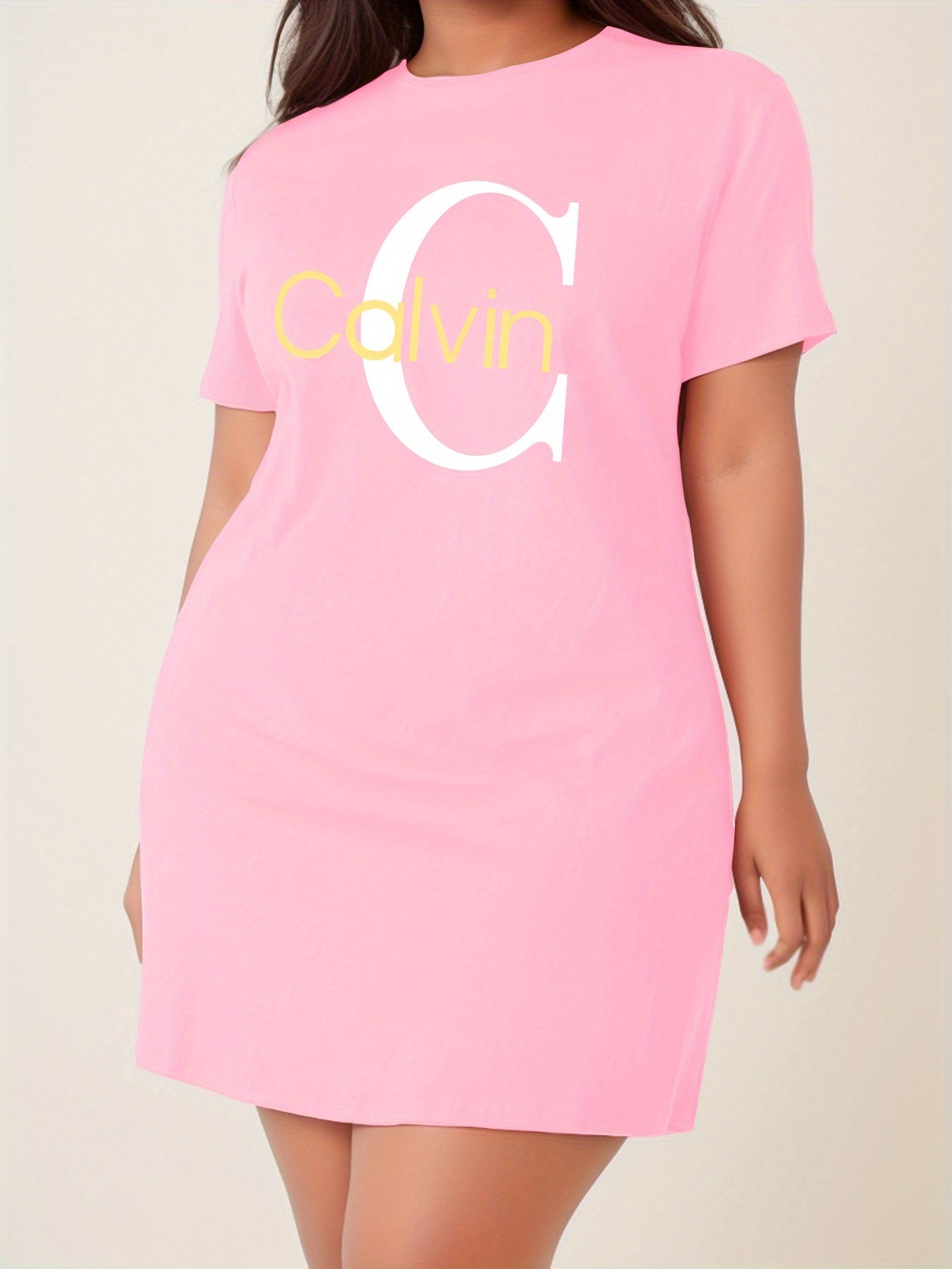Calvin Women's Stretchy Breathable Polyester T-Shirt Dress - Slim Fit Knee-Length Round Neck Casual Summer Dress with Bold Yellow Lettering, Machine Washable Spring/Summer Outfit