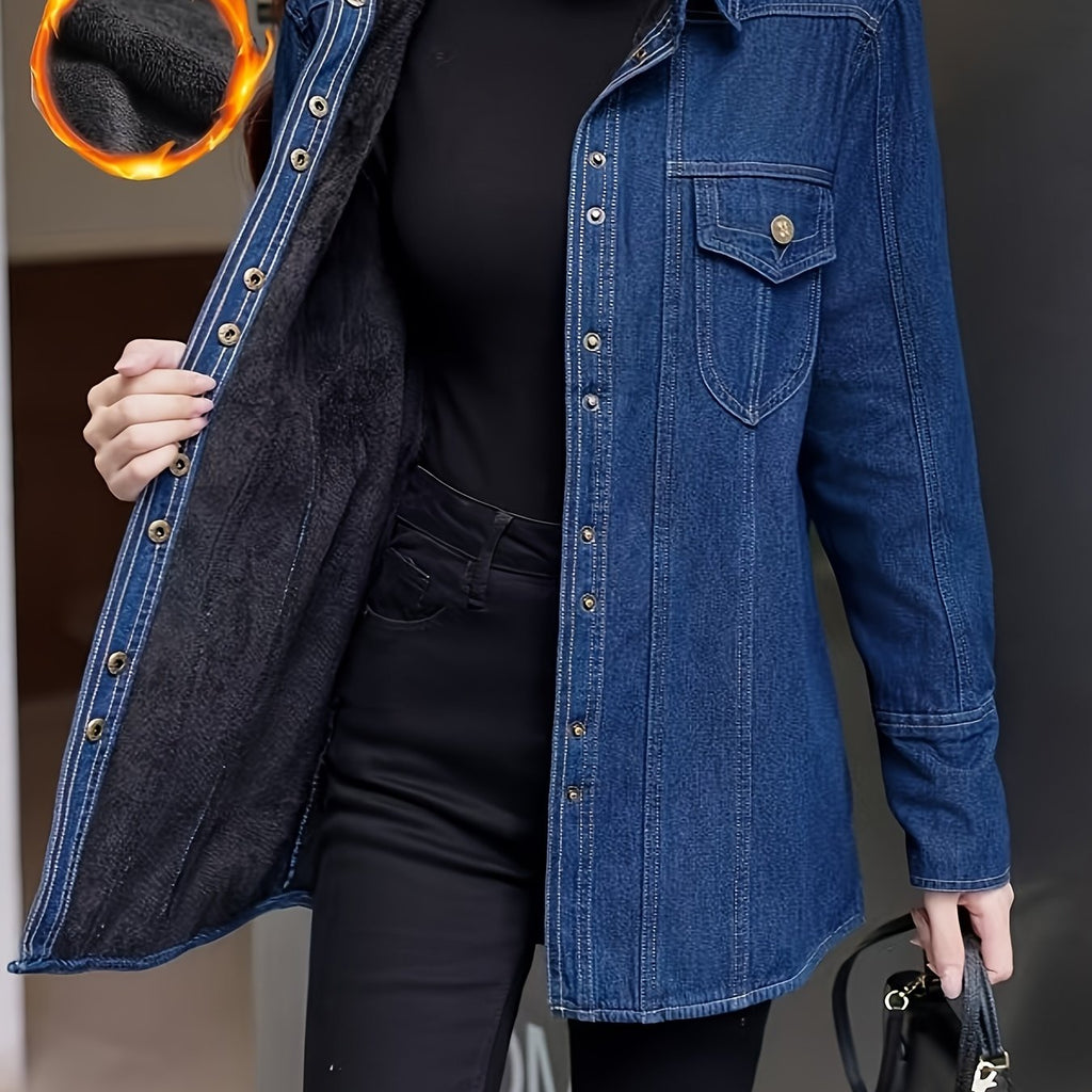 Women's Vintage-Inspired Thickened Denim Shirt - Long Sleeve, Button-Up, Non-Stretch Fabric