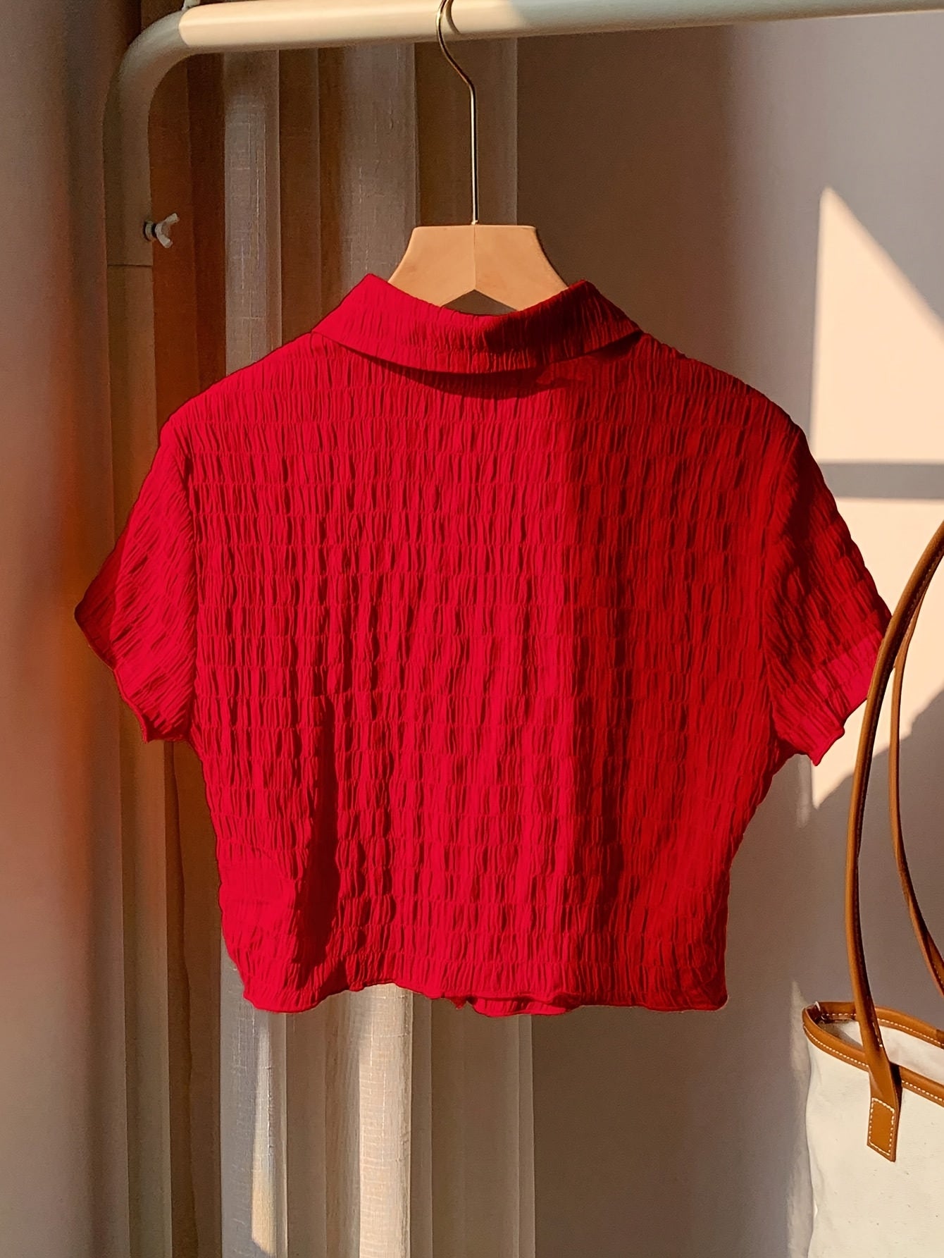 Women's Elegant Solid Red Open Collar Short Sleeve Shirt