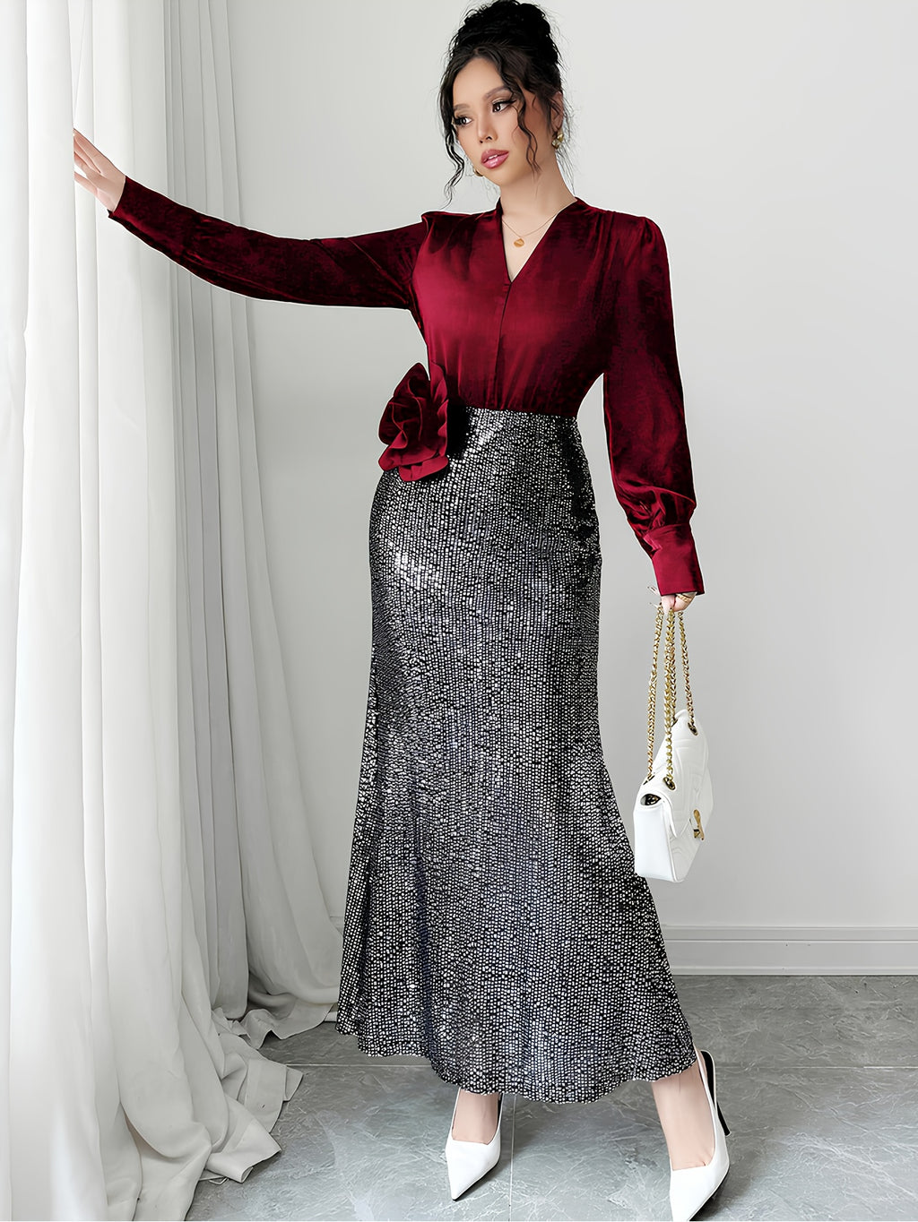 French Elegant V-Neck Sequin 3D Rose Dress - Sparkling Long Sleeve A-Line Evening Gown