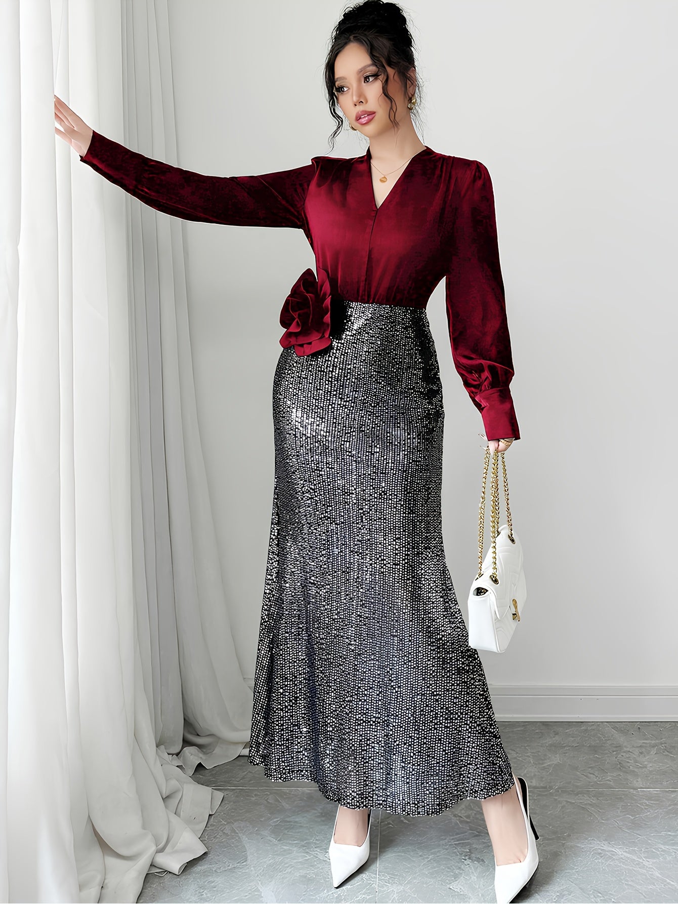 French Elegant V-Neck Sequin 3D Rose Dress - Sparkling Long Sleeve A-Line Evening Gown