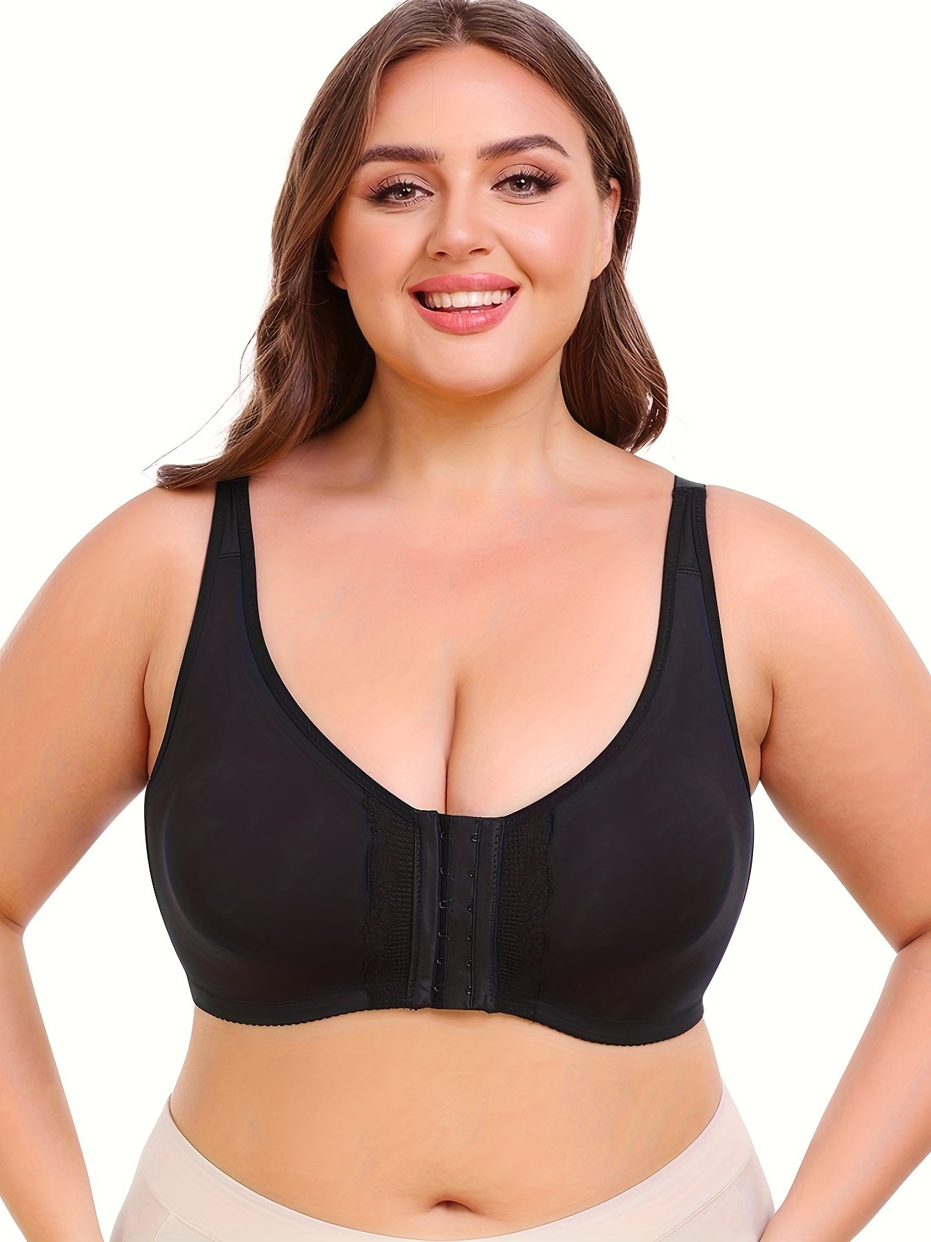 Plus Size Women's Front-Opening Sports Bra, V-Neck, Stretchy Polyester, Solid Color with Lace Detail, No Padding, Low Support, Knit Fabric, for