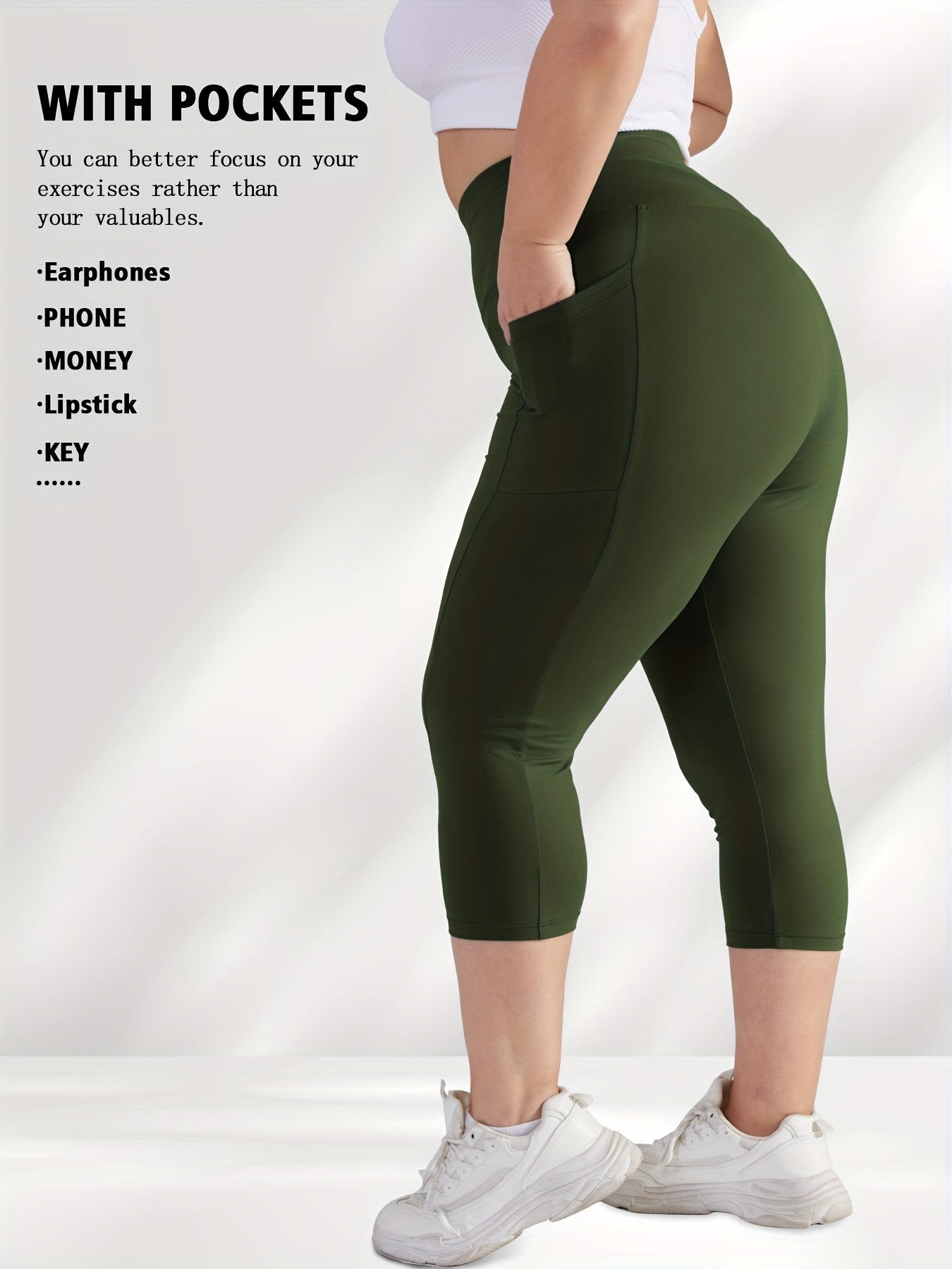 Women's Plus Size High-Waisted Capri Leggings with Side Phone Pockets