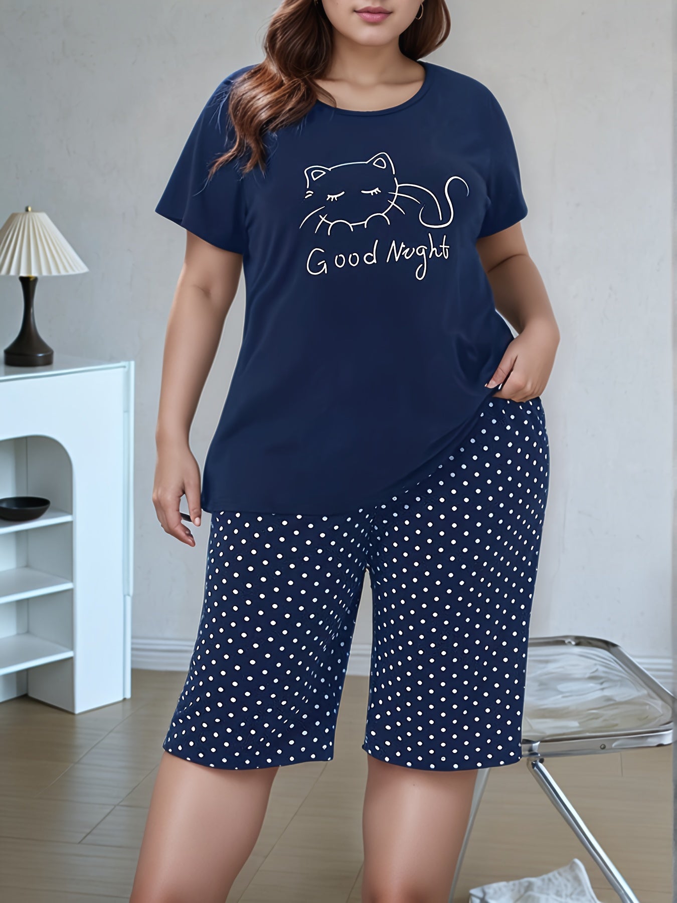 Summer Plus Size Women'S Casual Fashion Pajamas, Kitten Print, Comfortable Short Sleeve Shorts Set