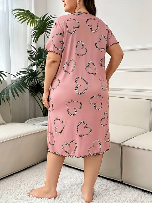 Plus Size Women'S Leopard Print Heart Pattern T-Shirt Dress