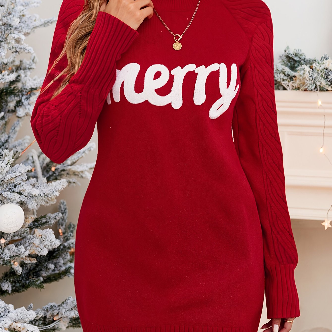 Women's Elegant Red "Merry" Letter Embroidered Sweater Dress Christmas New Year