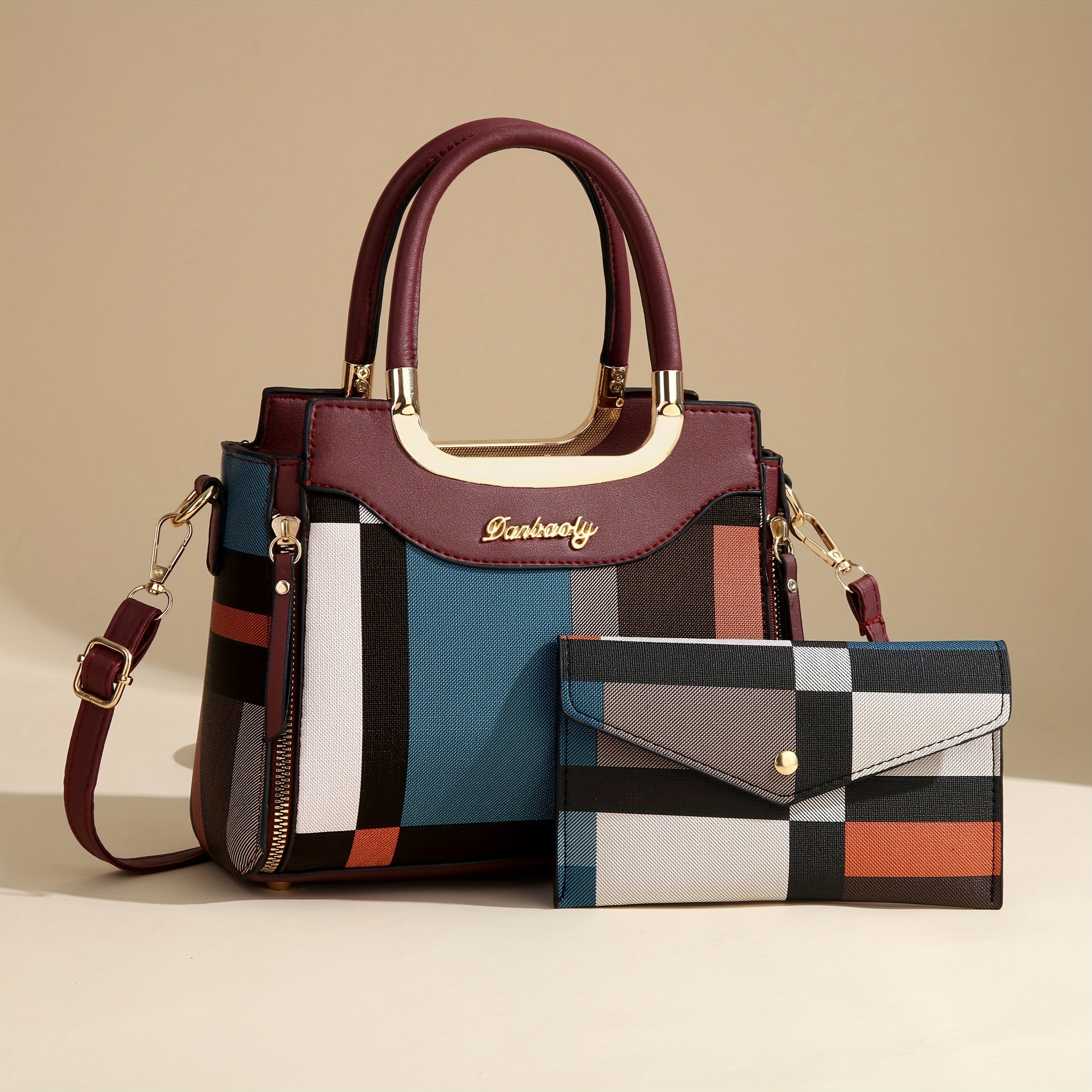 Elegant Plaid Tote and Crossbody Bag Set