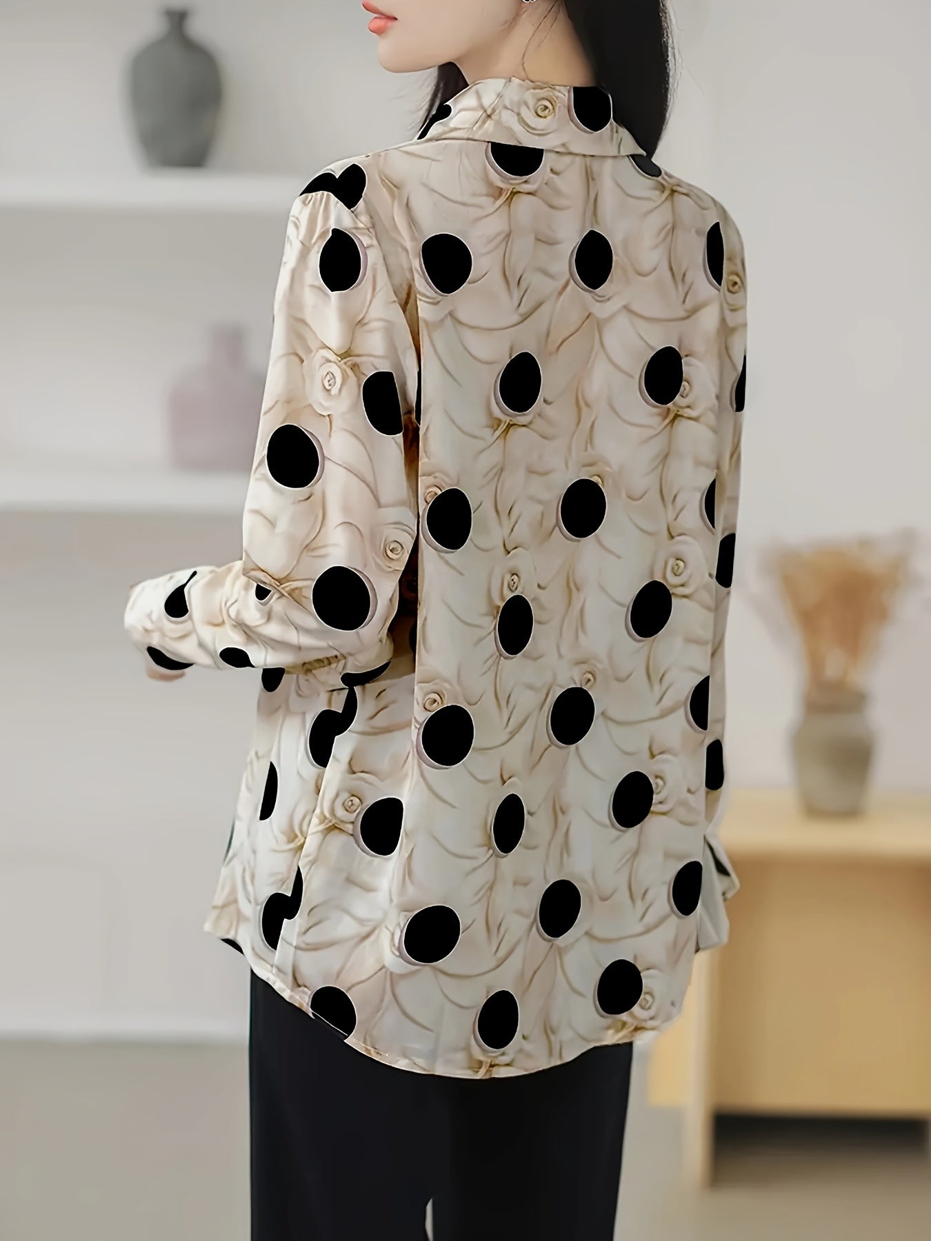 Elegant Polka Dot & Floral Print Long Sleeve Collared Blouse for Women
