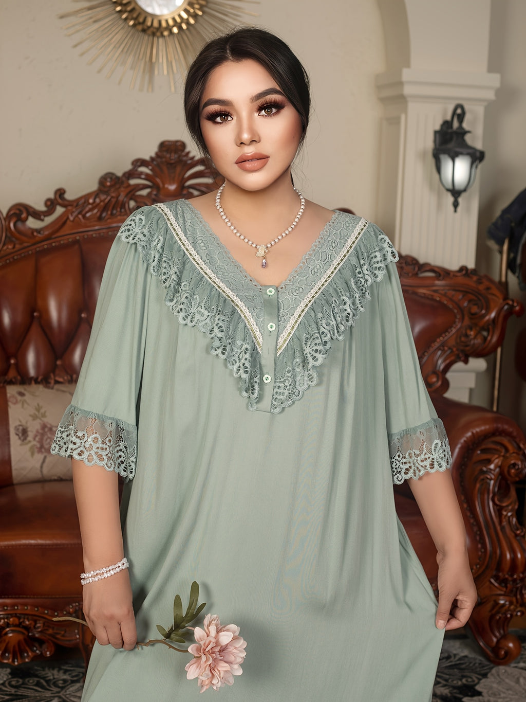 Plus Size Royal Style Nightgown - Long Sleeve V-Neck, Lace Detail, Light Green, Non-Stretch Fabric