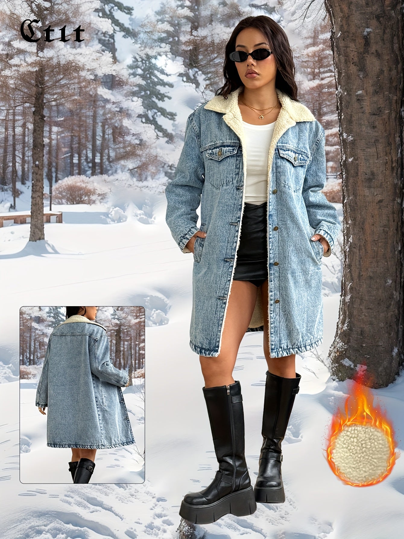 Women's Vintage Washed Heavy-Denim Oversized Coat - Long Winter Jacket with Collar & Fringe-Free Hem