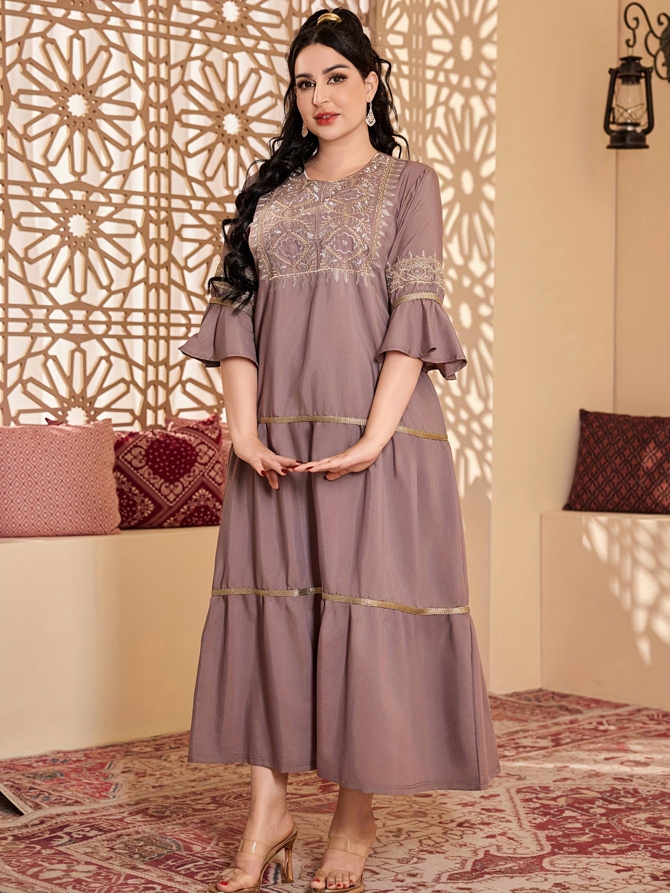 Elegant Ethnic Style Three Quarter Length Ruffle Sleeve Dress with Embroidery
