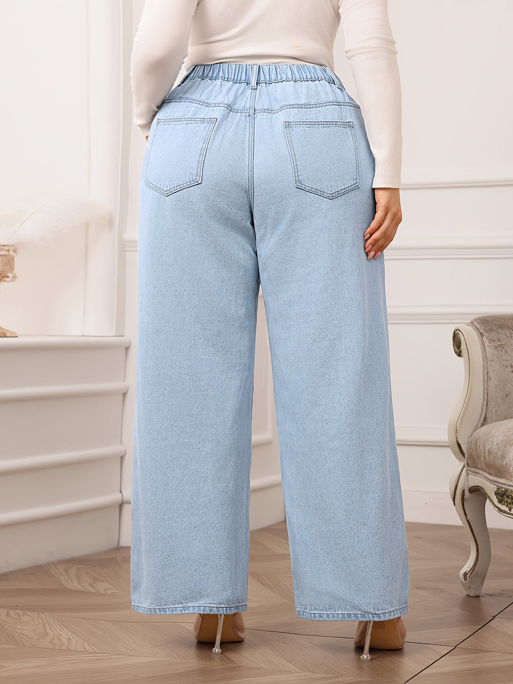 Women's High-Waisted Wide Leg Jeans - Light Blue, Non-Stretch Denim with Pockets, Casual Style