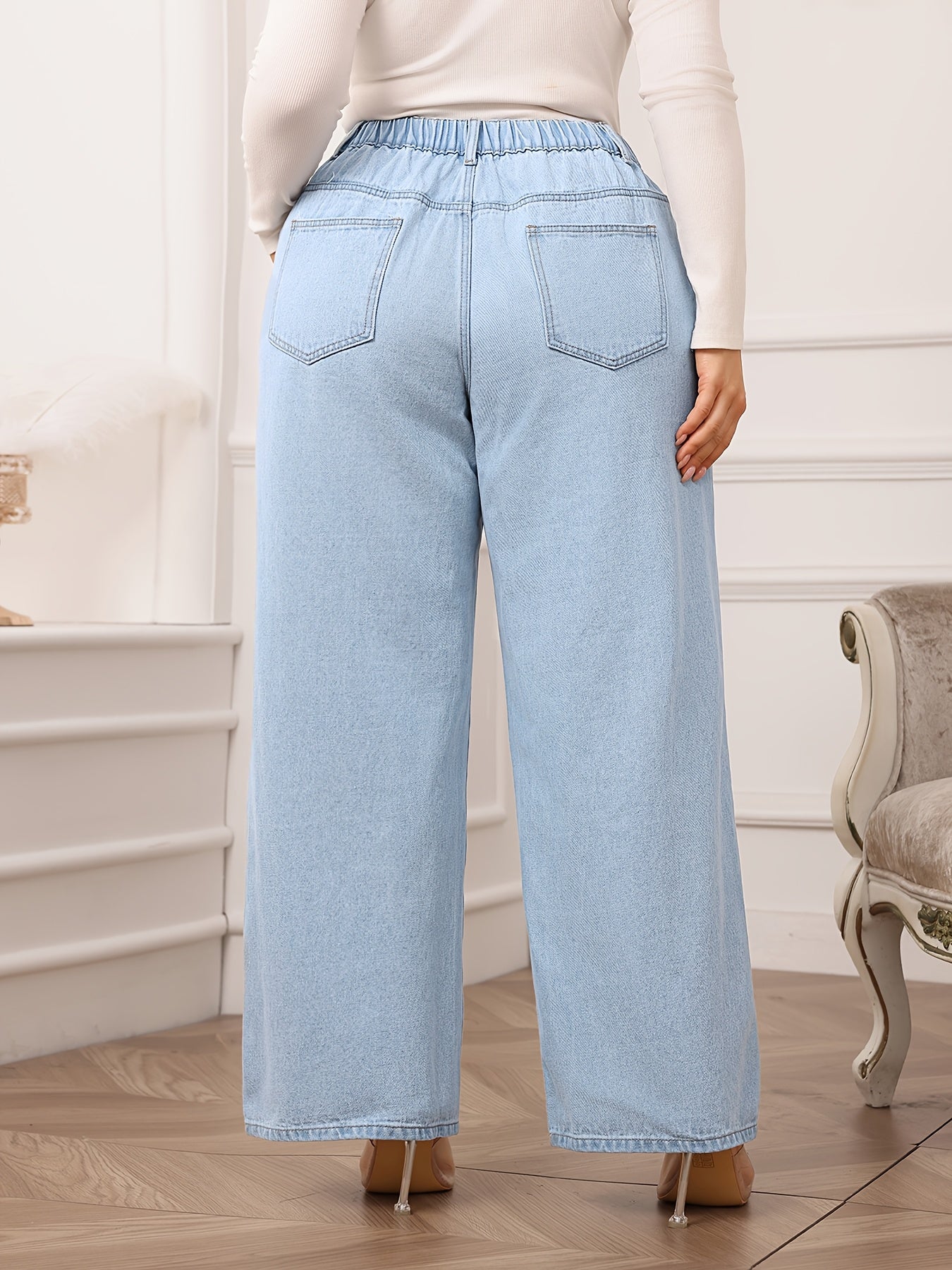 Women's High-Waisted Wide Leg Jeans - Light Blue, Non-Stretch Denim with Pockets, Casual Style