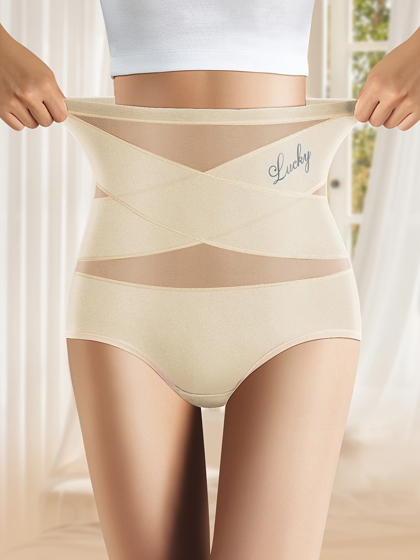 1pc MIOTAN High-Waisted Tummy Control Women'S Briefs, Breathable Mesh Crossed Waist Cincher, Fiber, Seamless Shaping Underwear with Butt Lifting, Elegant Solid Color, 90% Polyester 10% Elastane, 200gsm Knit Fabric - 1pc