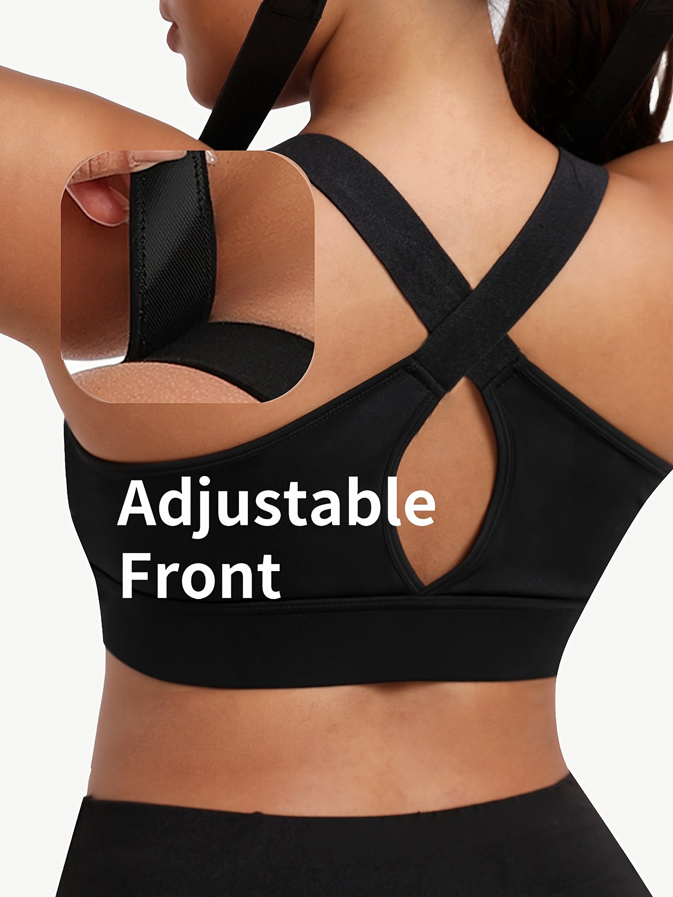 Women's Plus Size Black Sports Bra - Comfort Fit, Adjustable Straps, Front Zipper