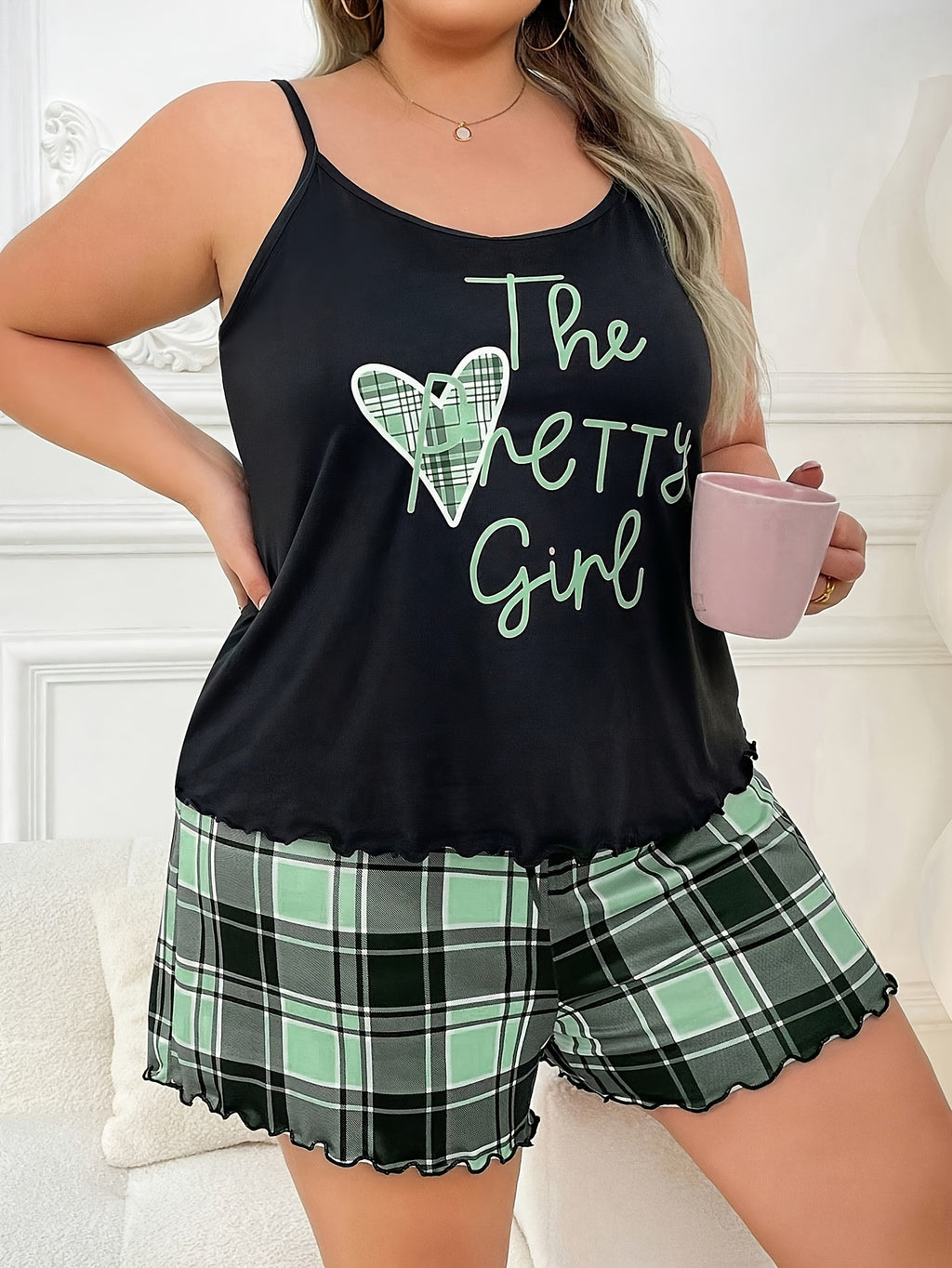 1set Women'S Sexy Casual Pajama Set, Heart Print Sleeveless Top with Ruffle Hem, Knit Polyester Fabric, Cartoon Pattern, Spaghetti Strap