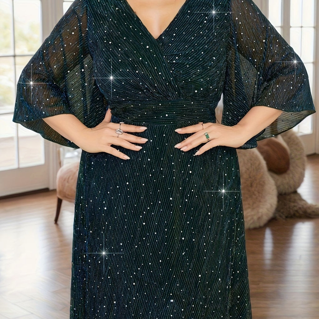 Plus Size Middle Eastern Sequined V-Neck Bridesmaid Dress with Ruffle Sleeves