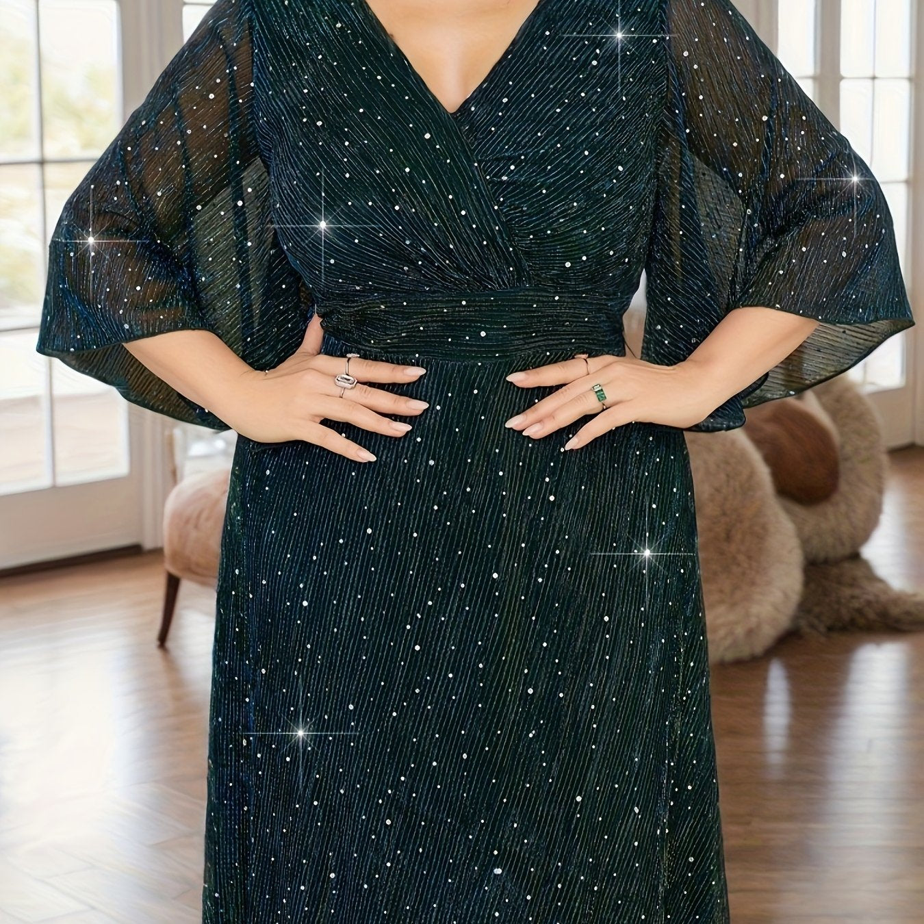 Plus Size Middle Eastern Sequined V-Neck Bridesmaid Dress with Ruffle Sleeves