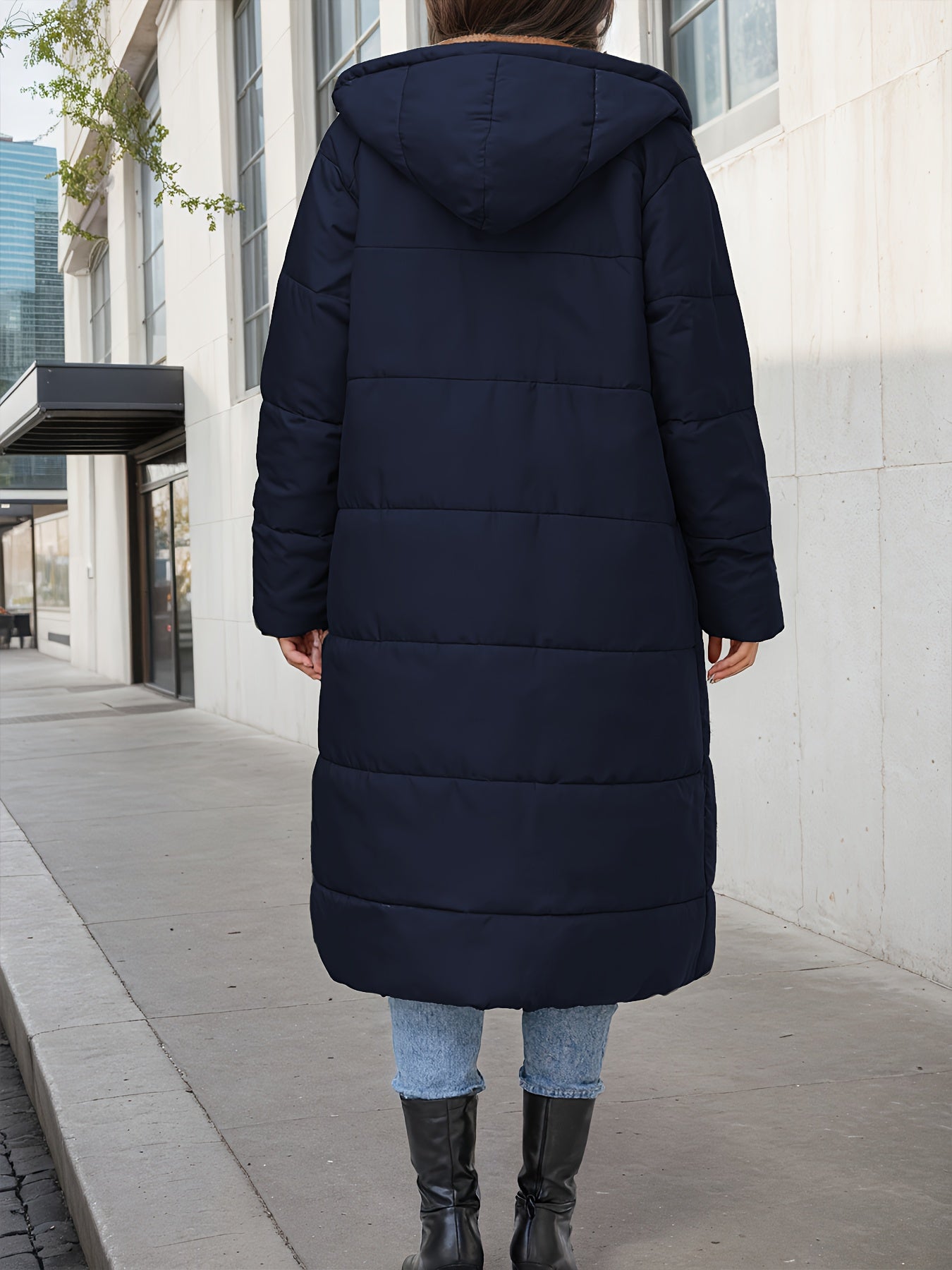 Women's Elegant Plush-Like Quilted Hooded Coat - Long Winter Jacket with Hood