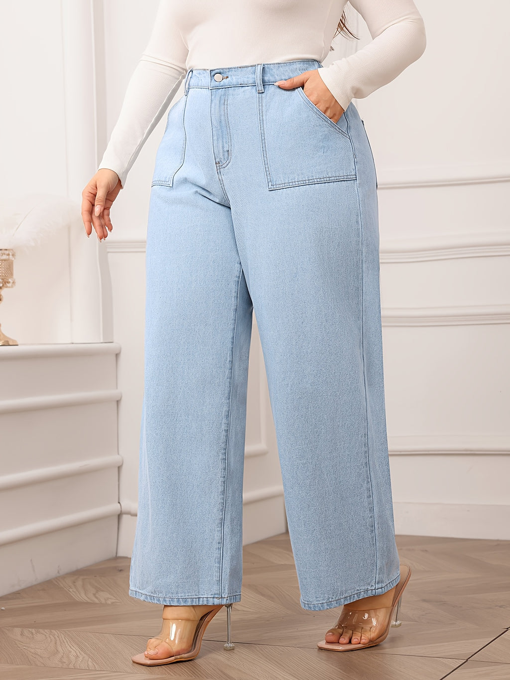 Women's High-Waisted Wide Leg Jeans - Light Blue, Non-Stretch Denim with Pockets, Casual Style