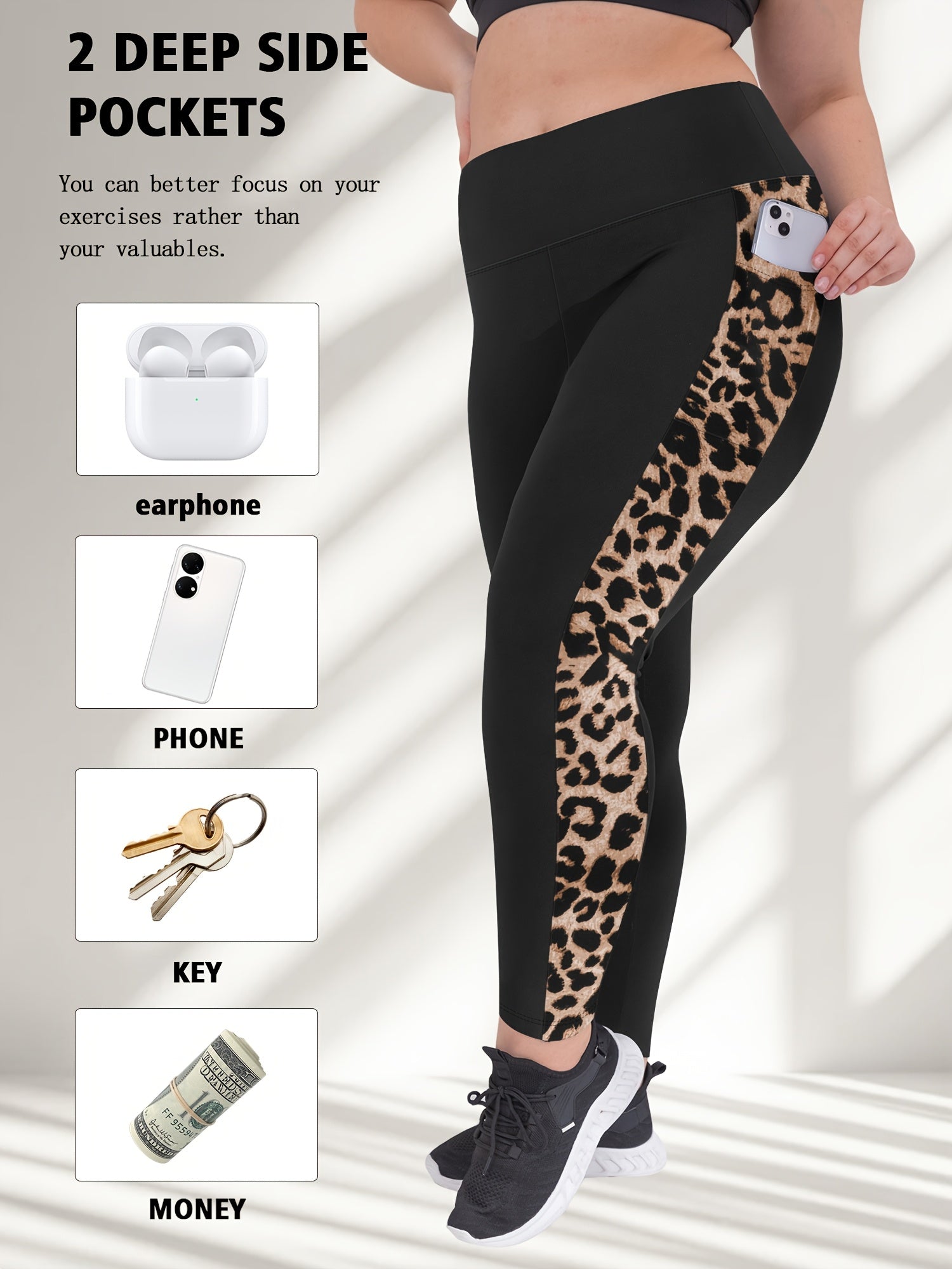 Plus Size High-Waisted Stretchy 9/10 Length Leggings with Side Leopard Print