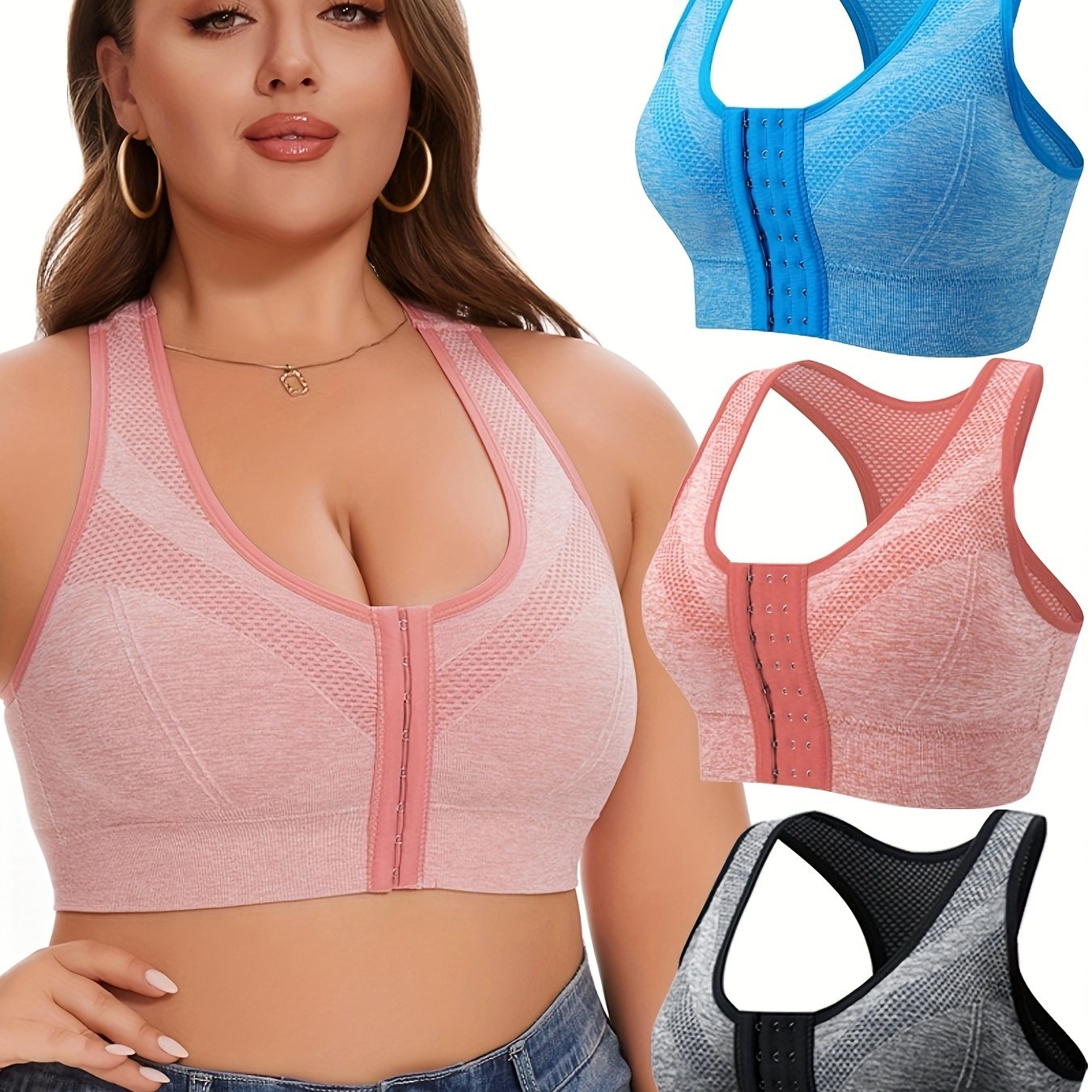 3pcs Front Closure Wire-Free Sports Bras - Breathable High-Elasticity Yoga Bras with Removable Pads, Plus Size V-Neck Design in