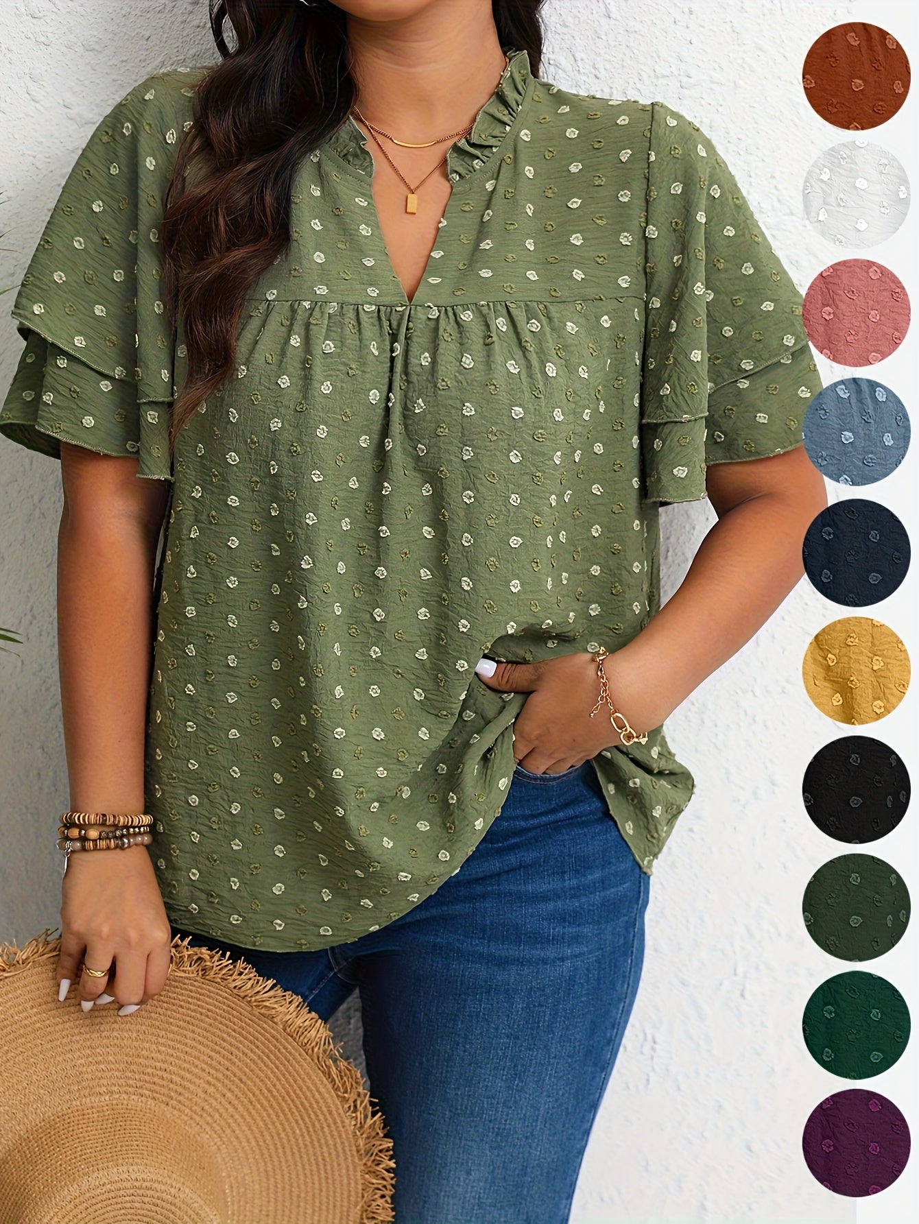 Plus Size Women's Casual V-Neck Blouse with Ruffled Short Sleeves