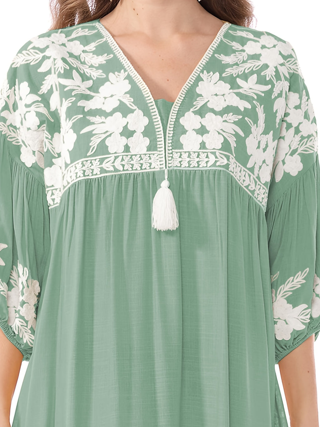 Women's White Floral Embroidery - Loose Fit, V-Neck, Half Sleeve, Non-Stretch Fabric