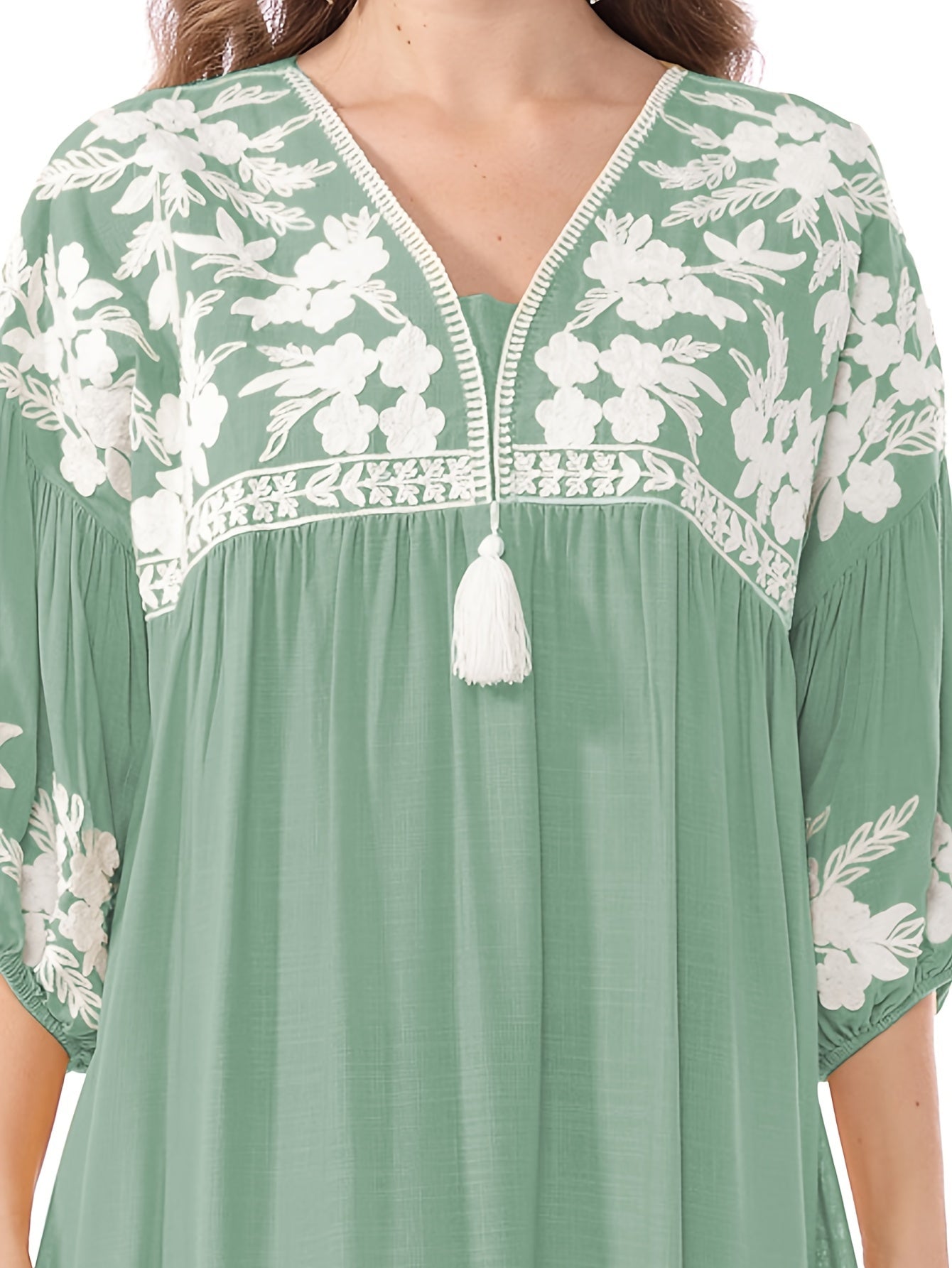 Women's White Floral Embroidery - Loose Fit, V-Neck, Half Sleeve, Non-Stretch Fabric