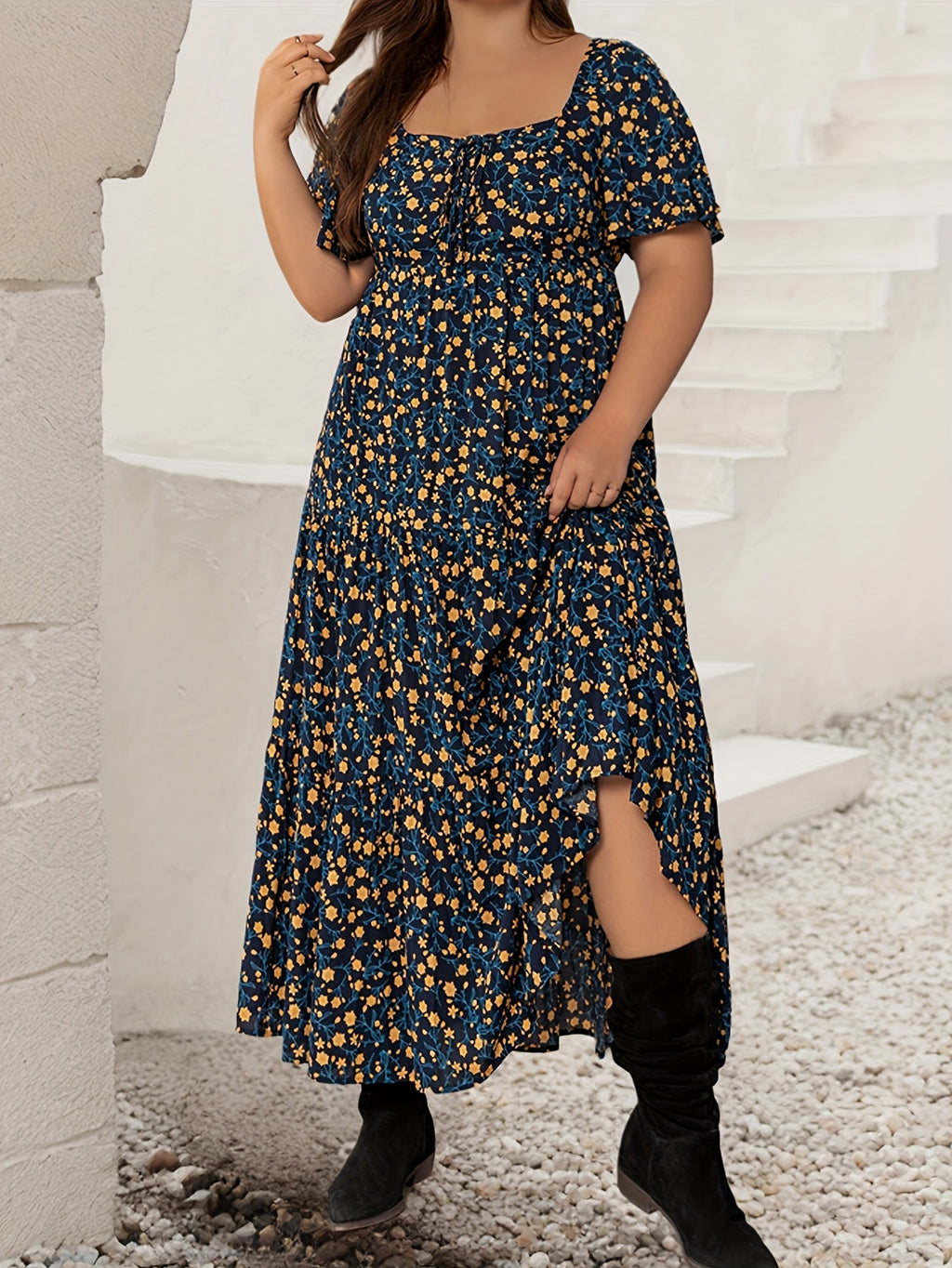 Women's Maxi Dress | French Square Neck, Adjustable Tie-Front