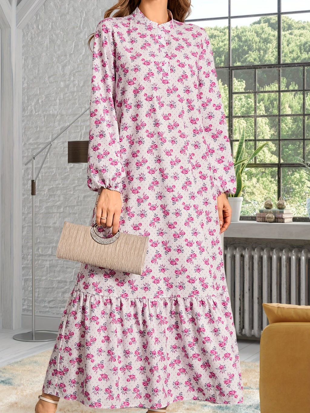 Women's Casual Long Sleeve Floral Print Maxi Dress