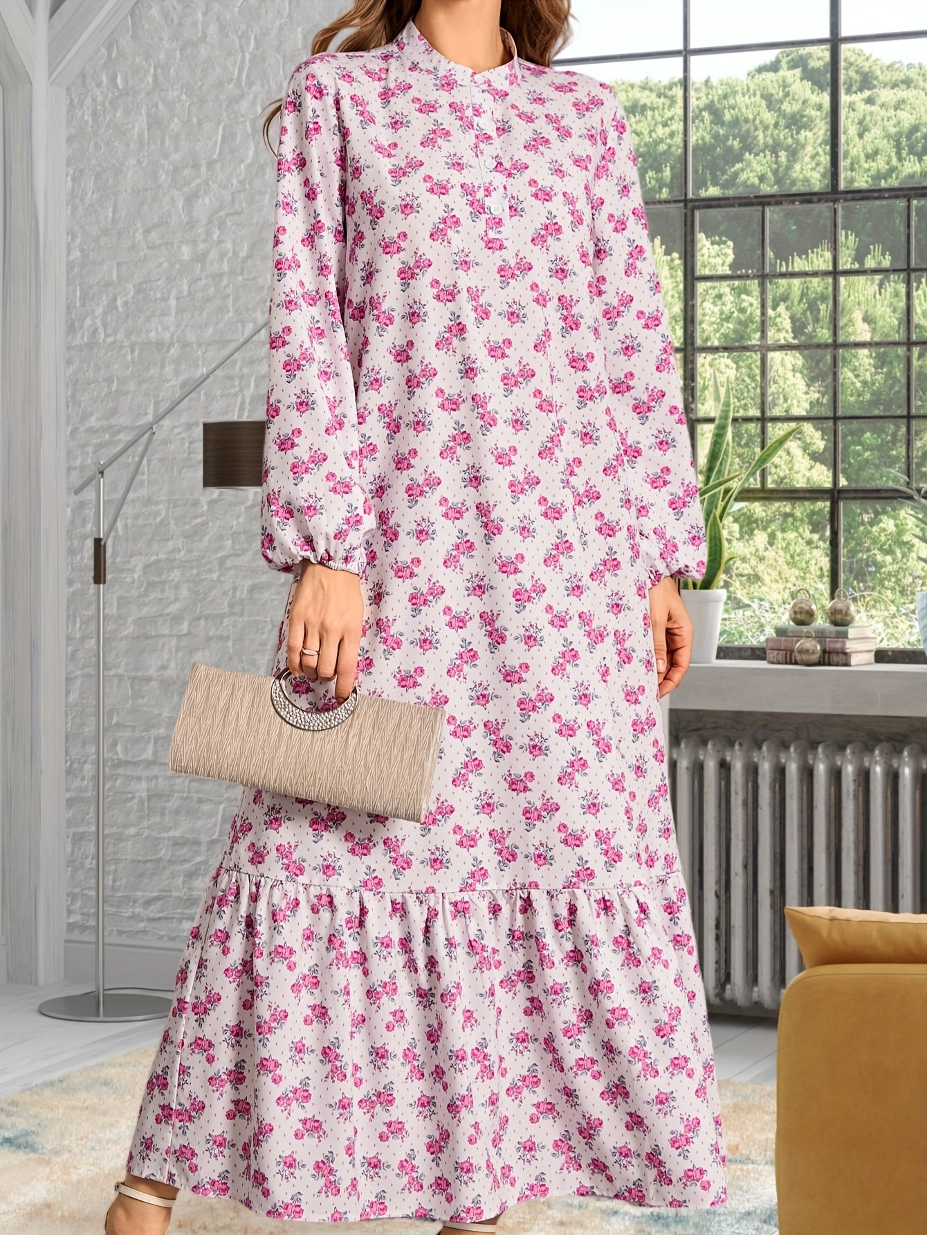 Women's Casual Long Sleeve Floral Print Maxi Dress