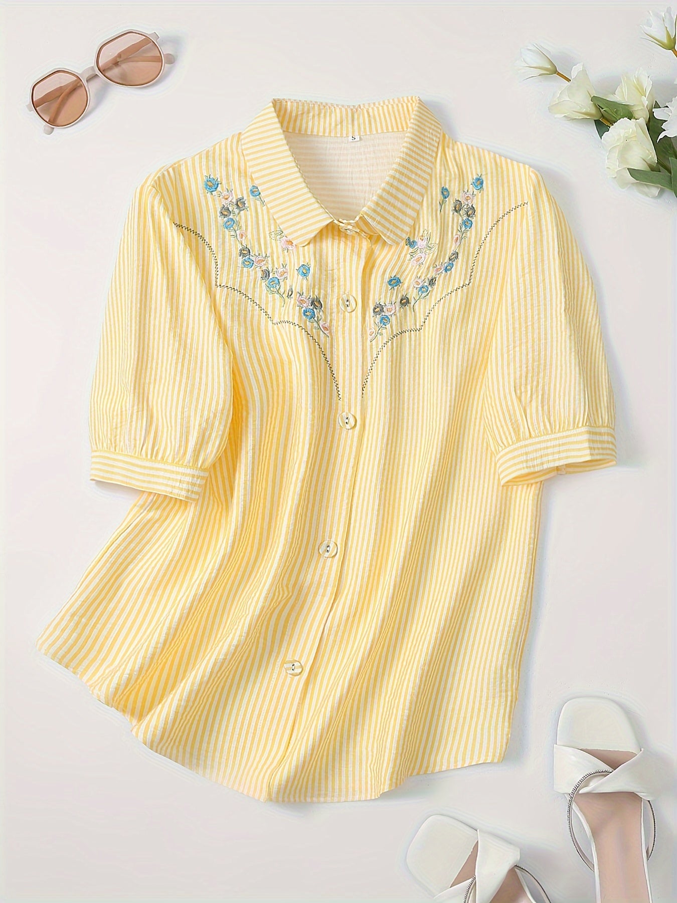 Embroidered Button Front Shirt, Casual Short Sleeve Lapel Top For Spring & Summer, Women's Clothing