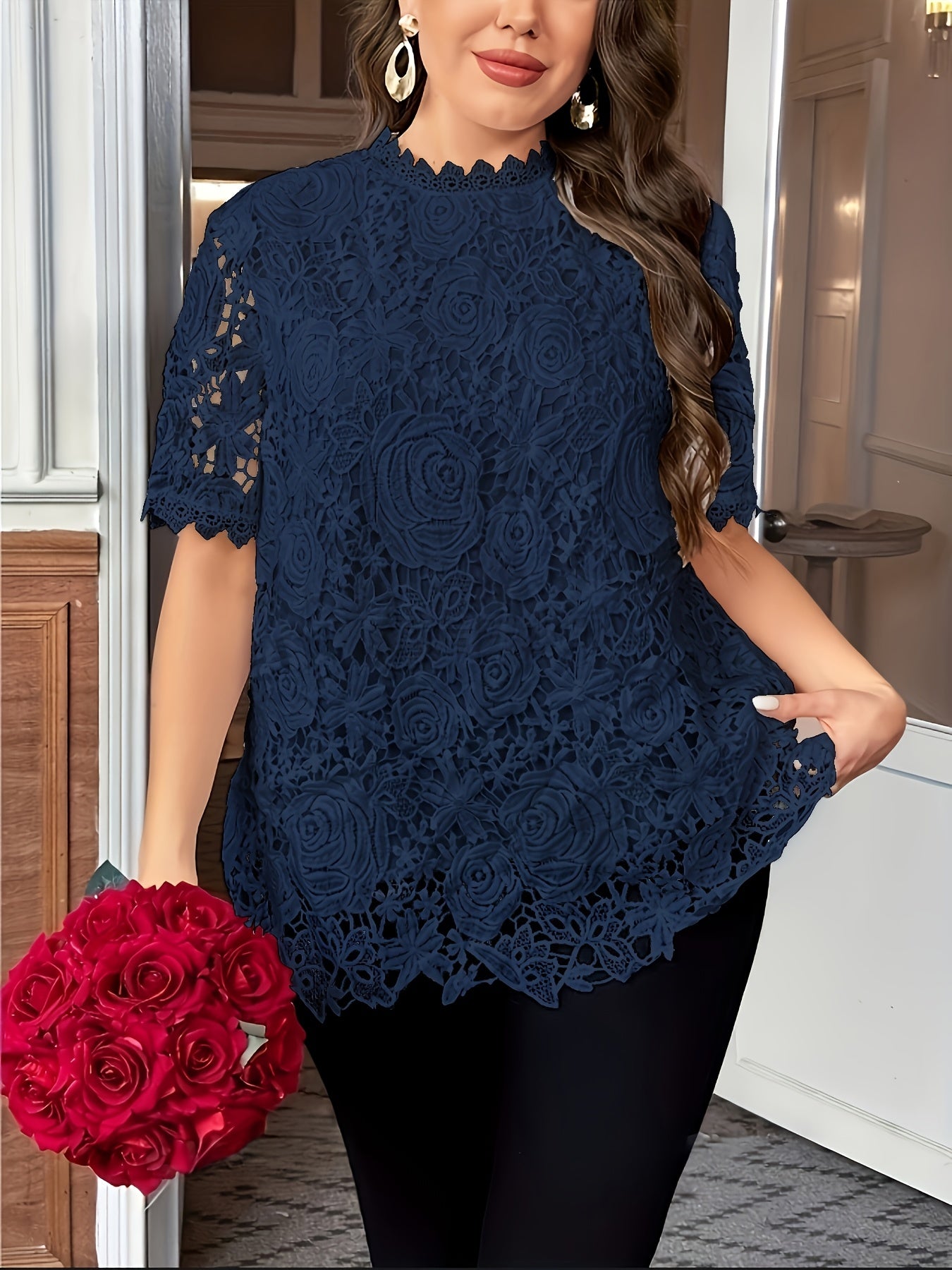 Floral Plus Size Women's Blouse, Crew Neck, Short Sleeve