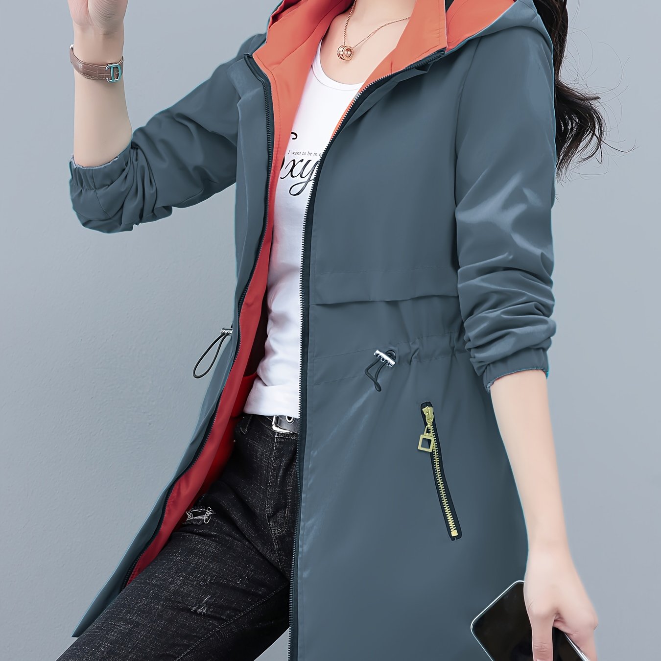 Women's Reversible Long Sleeve Windbreaker Jacket, Fit, Detachable Hood & Zipper Closure