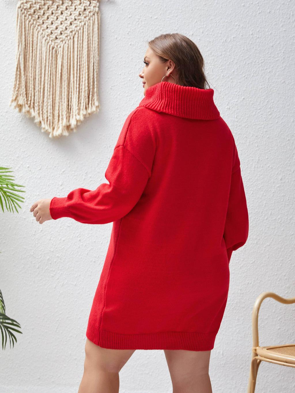 Plus Size Christmas Reindeer Pattern Turtleneck Sweater Dress 100% Polyester Knit Fabric, Party New Year