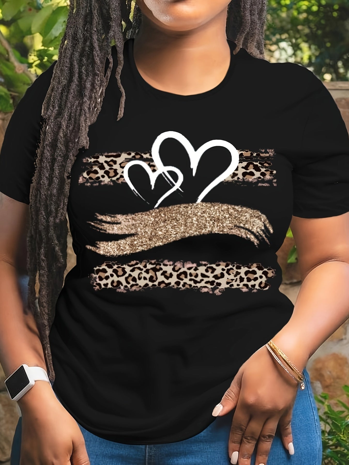 Casual Plus Size Heart Print T-Shirt for Women
