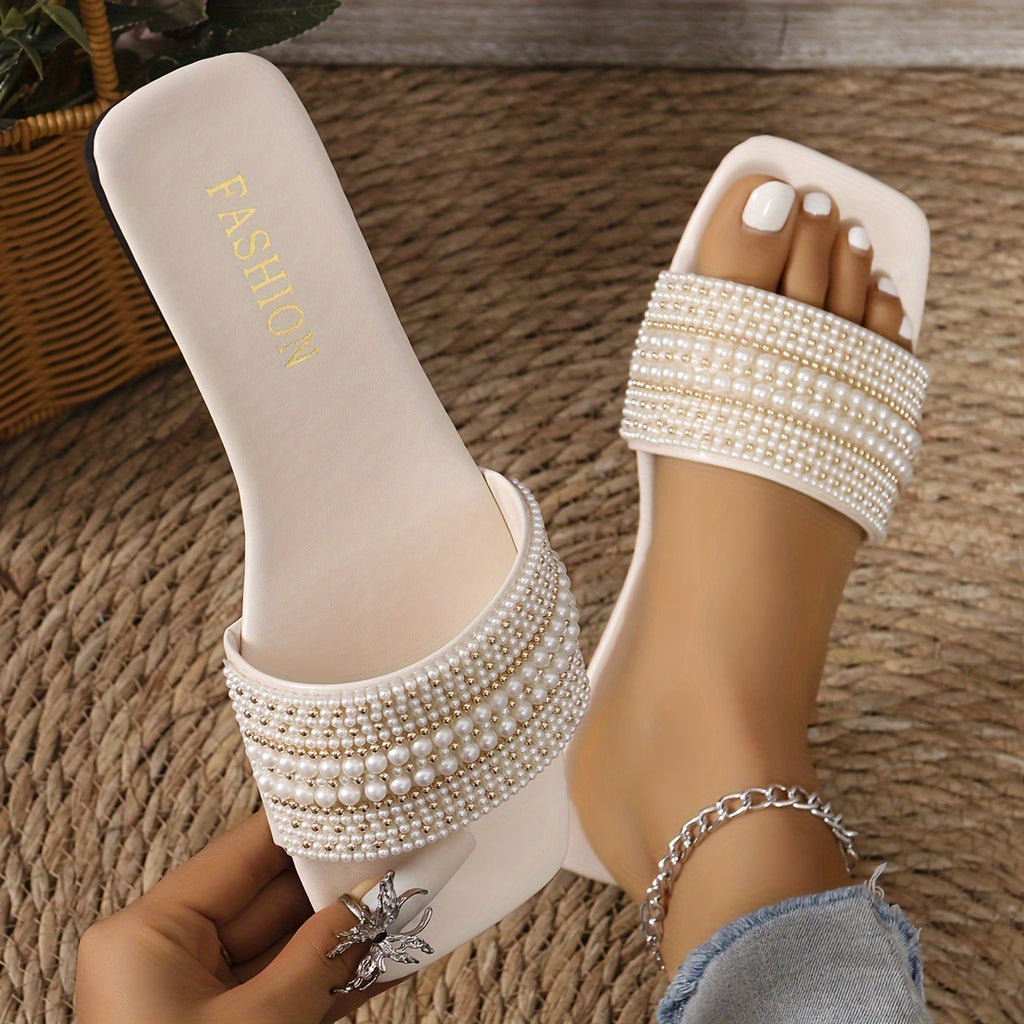 Elegant Women's Summer Flat Slide Sandals - Chic Square Toe with Pearl & Rhinestone Embellishments, Casual Slip-On Design, Faux Cover