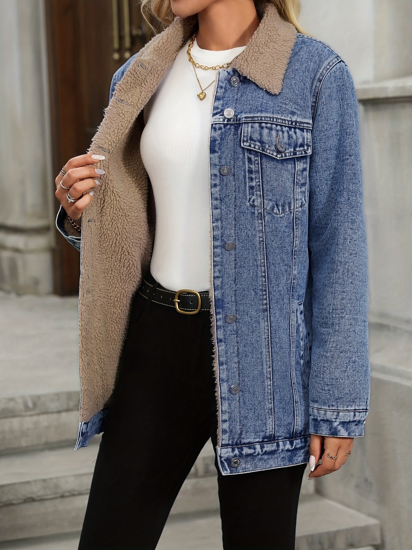 Women's Fleece Lined Straight Shoulder Denim Jacket