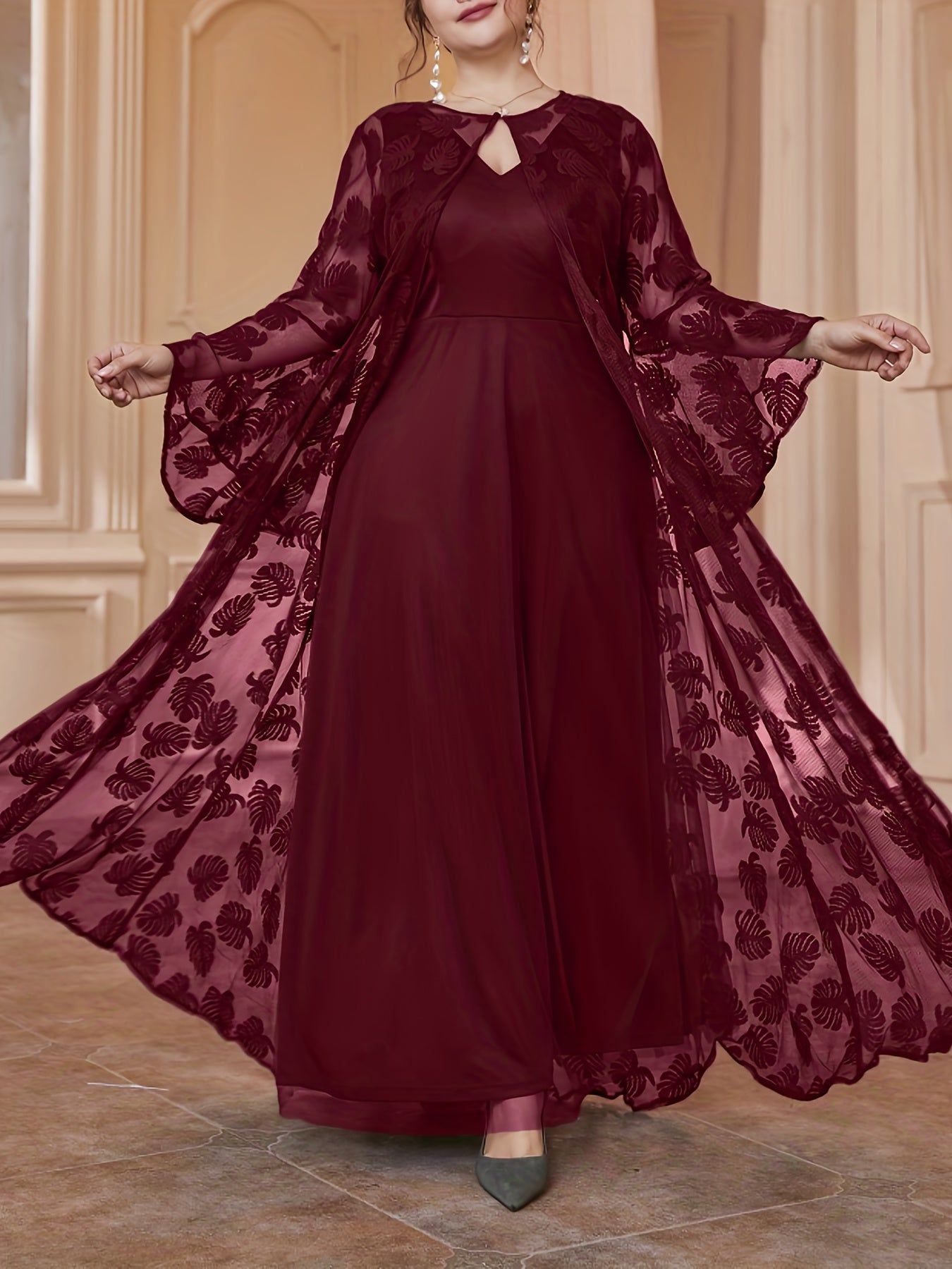 Plus Size - Elegant Round Neck Mesh Embroidery V-Neck Slim Long Dress