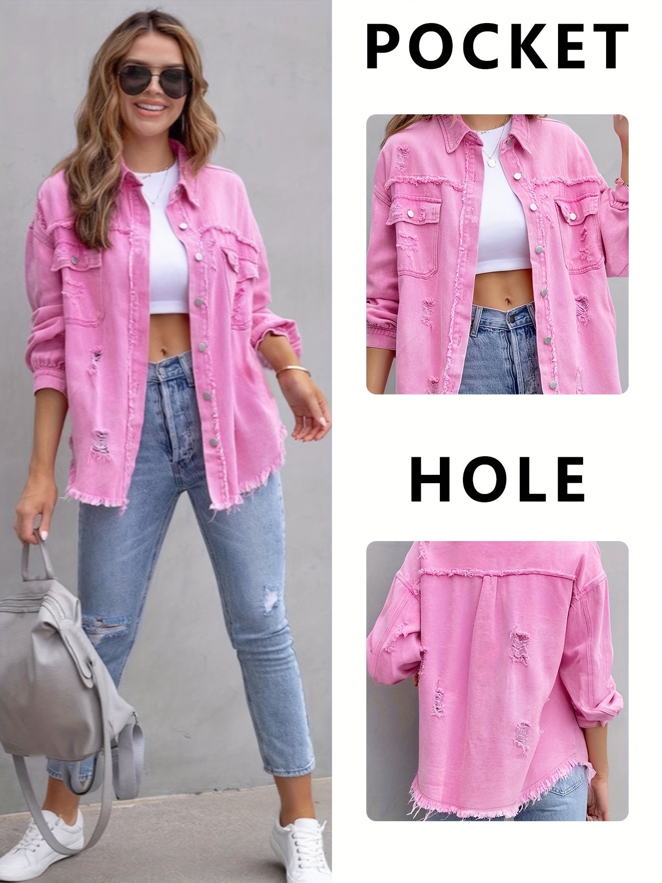 Casual Women's Pink Denim Long Shirt Jacket Perfect for Spring/Summer